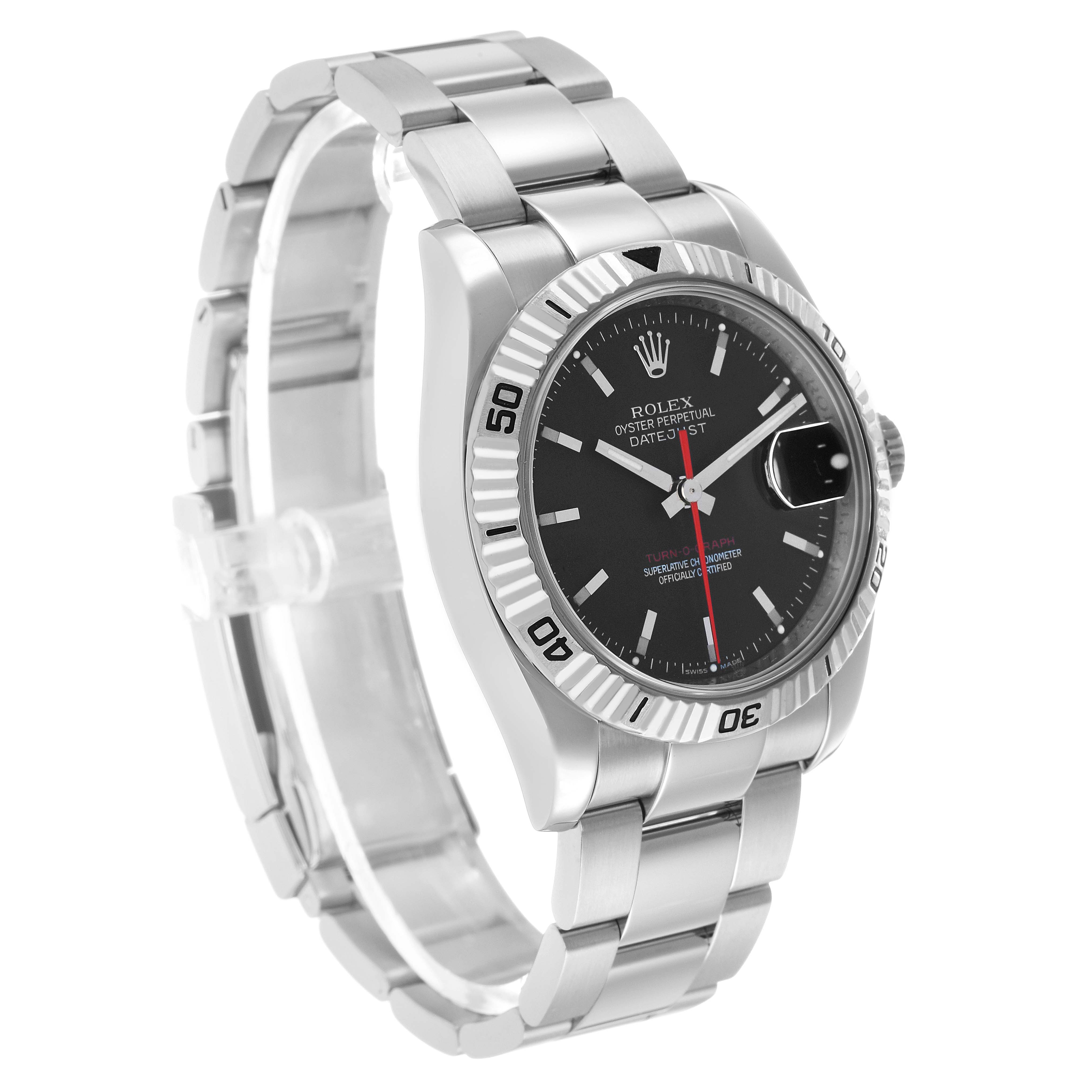 The Rolex Turn-o-Graph 116264 Men's Stainless Steel Black Dial watch is shown at a slight angle, displaying its bezel, dial, and metal bracelet prominently.