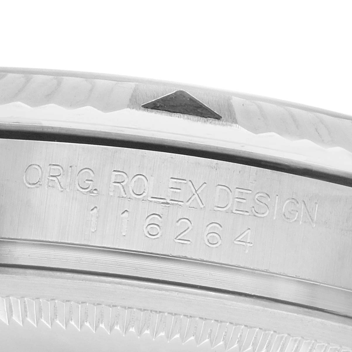 The image shows a close-up of the side of a Rolex Turn-o-Graph 116264 Men's Stainless Steel Black Dial watch, highlighting the engraved model number and bezel edge.