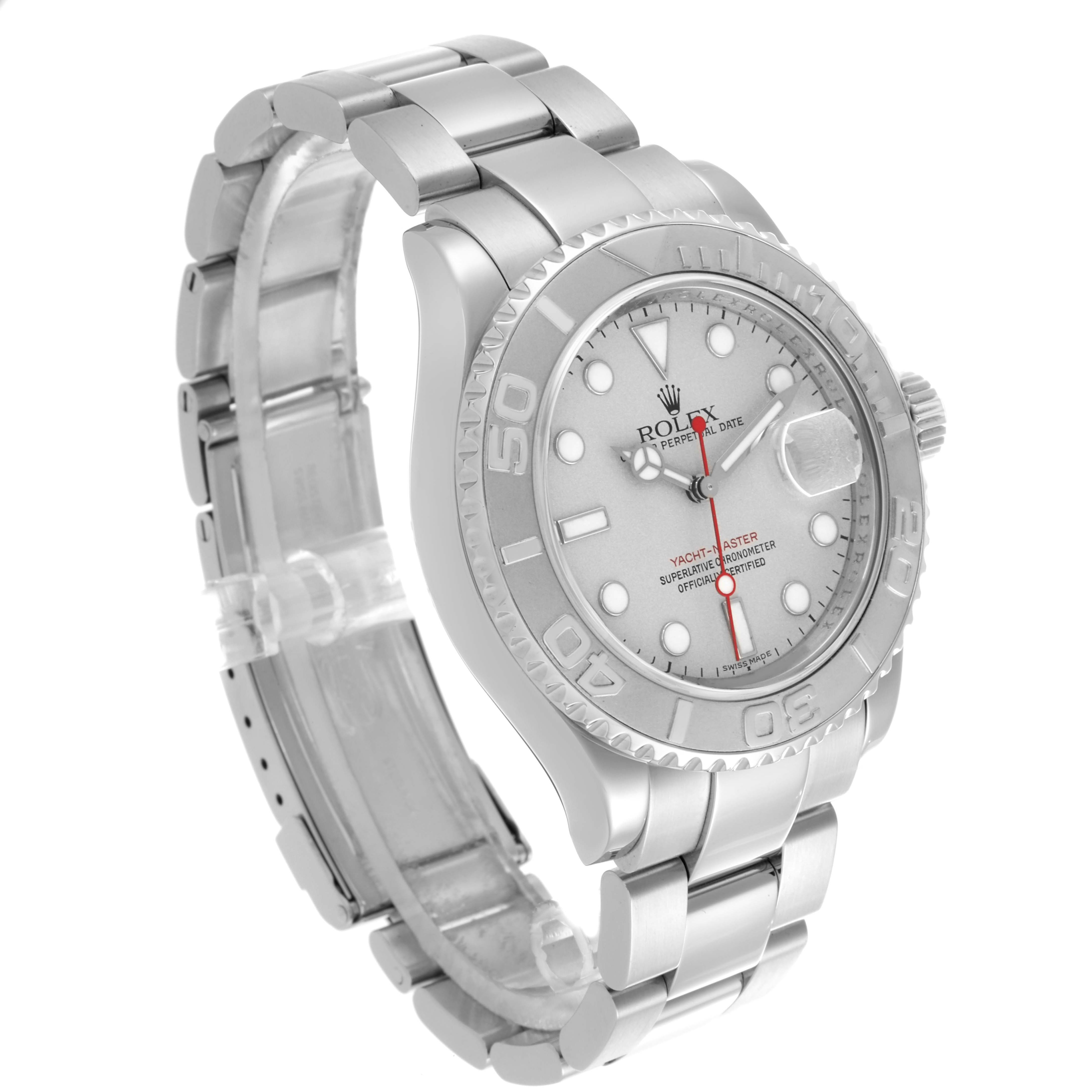 The Rolex Yacht-Master 16622 Men's Steel and Gold (two tone) Silver Dial 16622 Men's Steel and Gold (two tone) Silver Dial watch is shown at an angled side view, displaying the dial, bezel, bracelet, and crown.