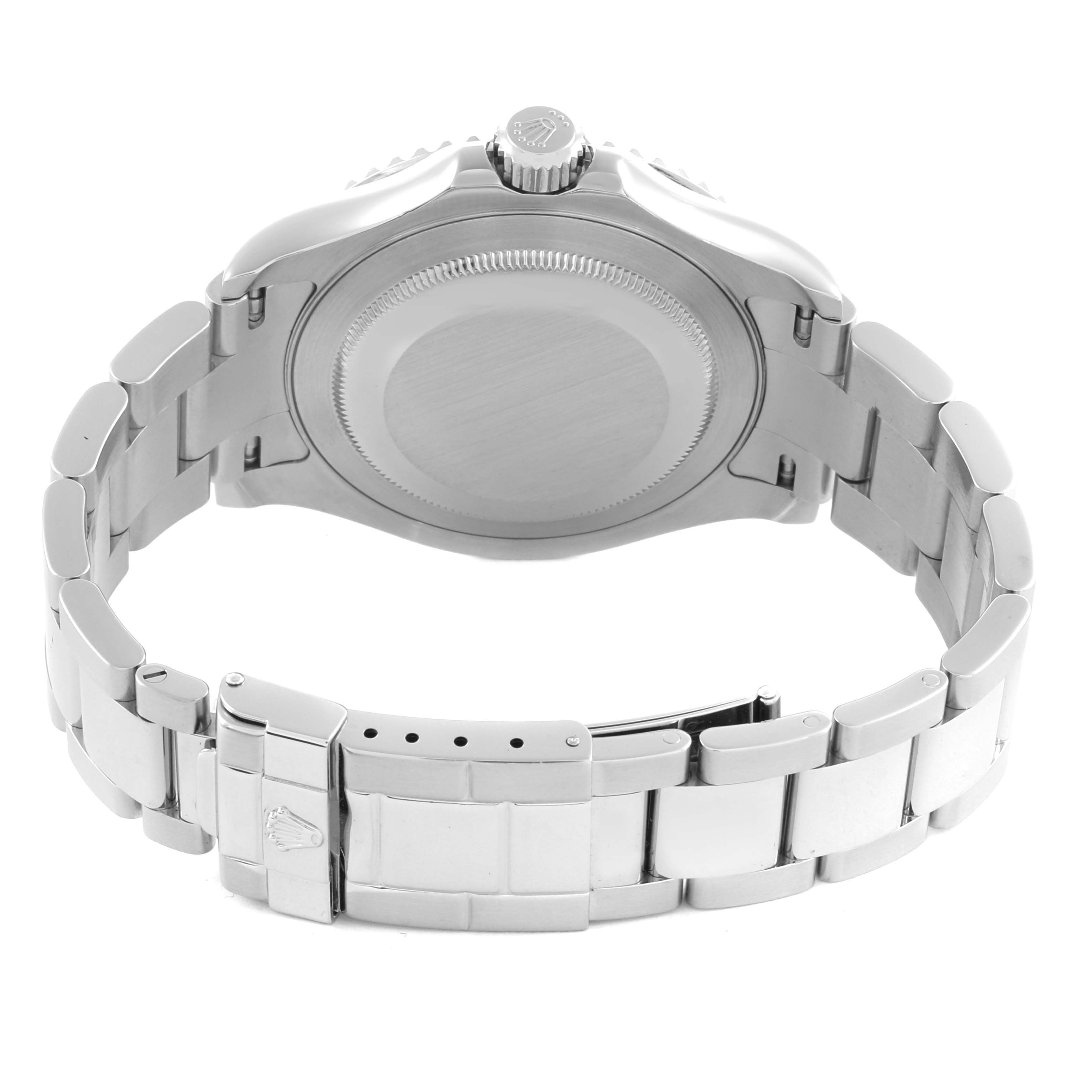 The Rolex Yacht-Master 16622 Men's Steel and Gold (two tone) Silver Dial 16622 Men's Steel and Gold (two tone) Silver Dial watch is shown from the back, displaying the case back, bracelet, and clasp.