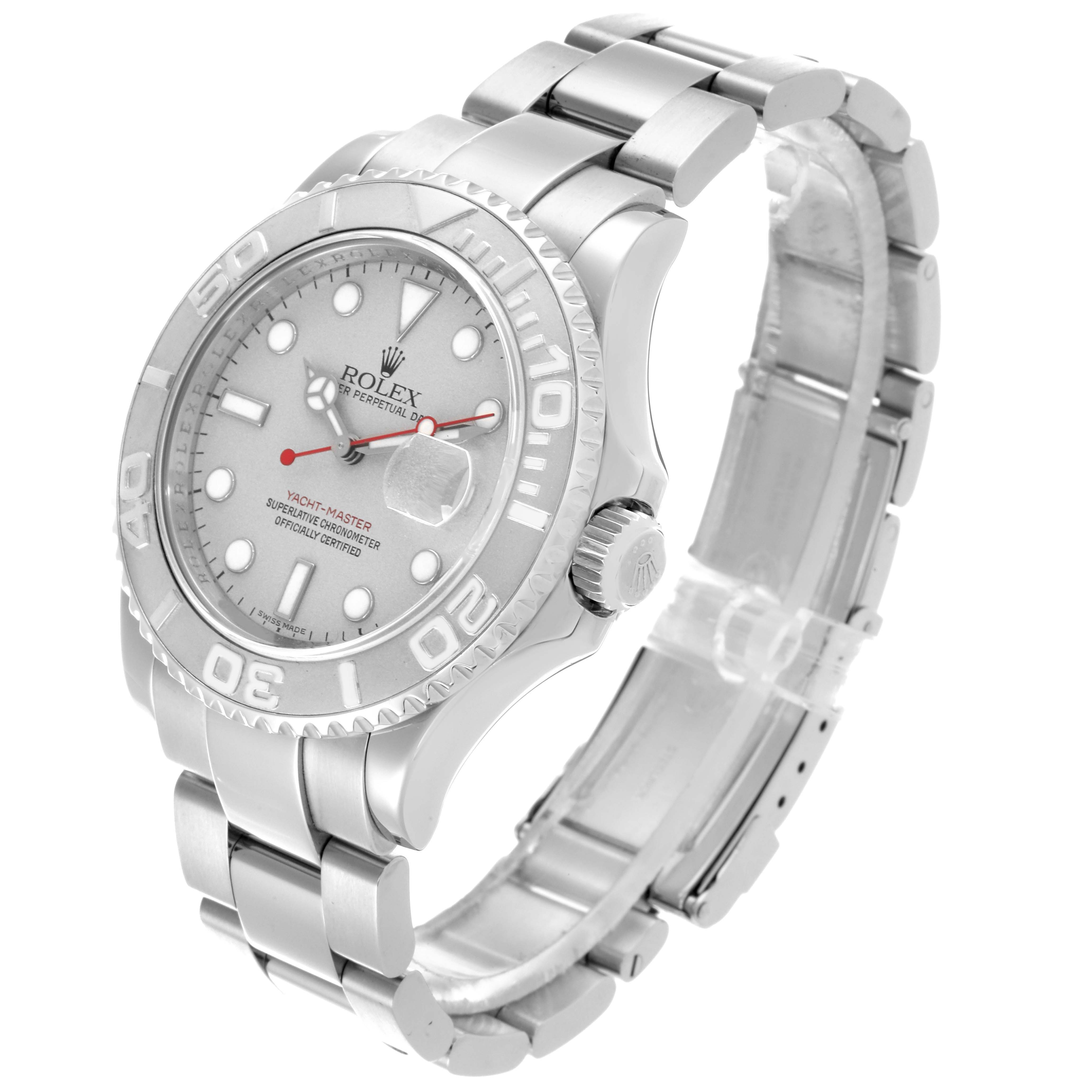 The Rolex Yacht-Master 16622 Men's Steel and Gold (two tone) Silver Dial 16622 Men's Steel and Gold (two tone) Silver Dial is shown at a three-quarter angle, highlighting the dial, bezel, crown, and metal bracelet.