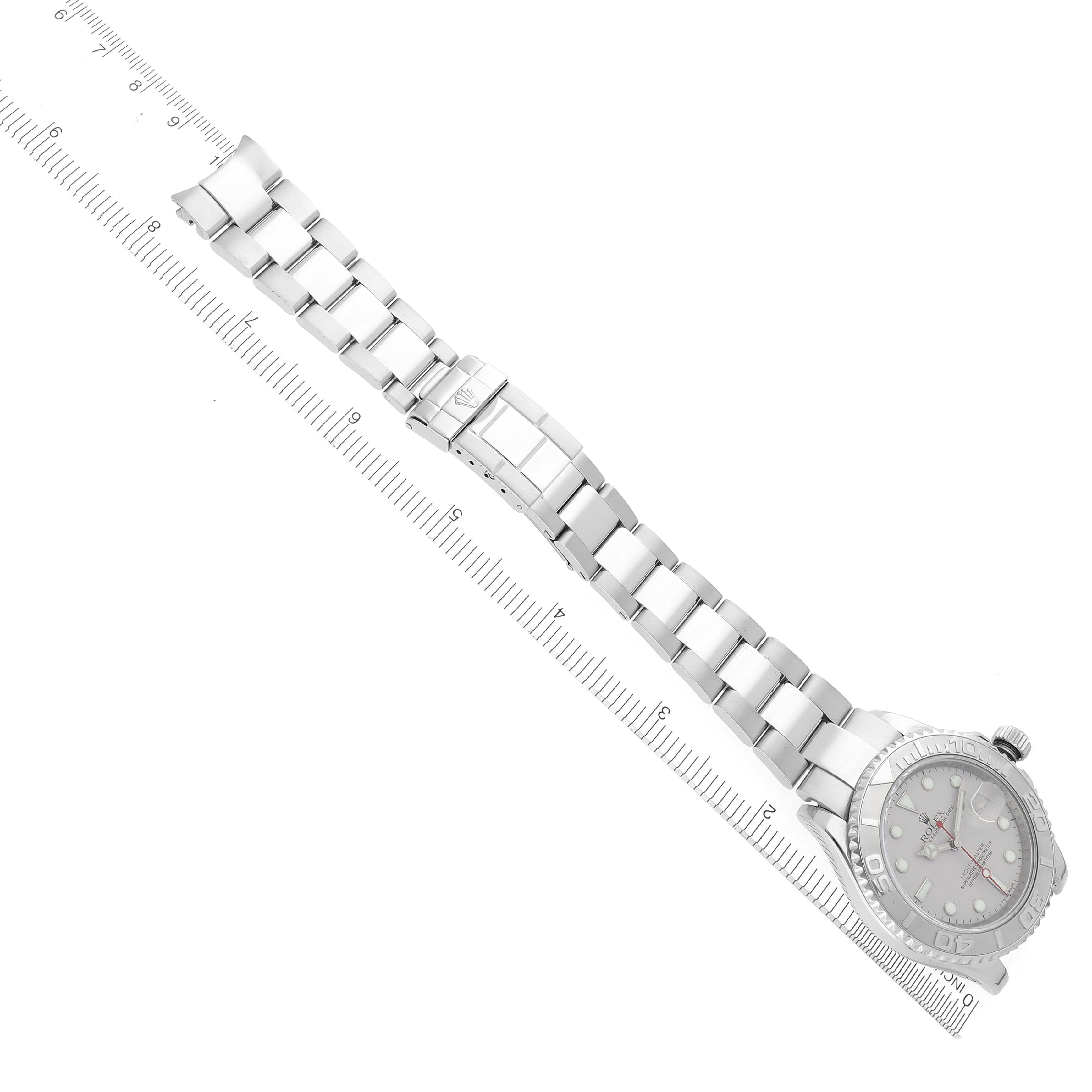 The Rolex Yacht-Master 16622 Men's Steel and Gold (two tone) Silver Dial 16622 Men's Steel and Gold (two tone) Silver Dial watch is shown from a top view, displaying the full bracelet and dial.