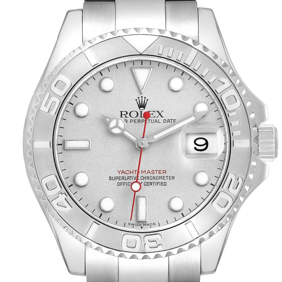 The image shows a front view of the Rolex Yacht-Master, highlighting the dial, bezel, and part of the bracelet.