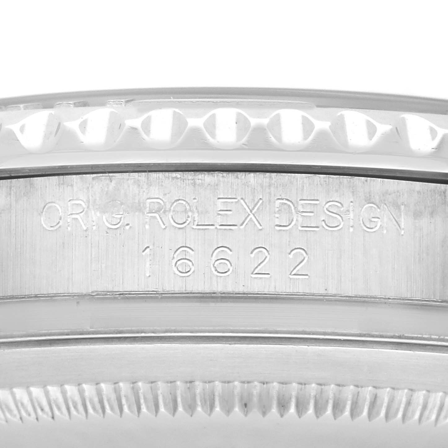 The image shows a close-up of the bezel and the engraved model number "16622" on a Rolex Yacht-Master 16622 Men's Steel and Gold (two tone) Silver Dial 16622 Men's Steel and Gold (two tone) Silver Dial watch.