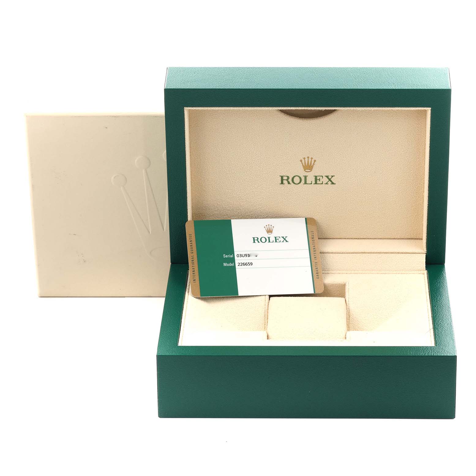 The image shows an open Rolex Yacht-Master 226659 Men's White Gold Black Dial 226659 Men's White Gold Black Dial box with a warranty card visible inside.