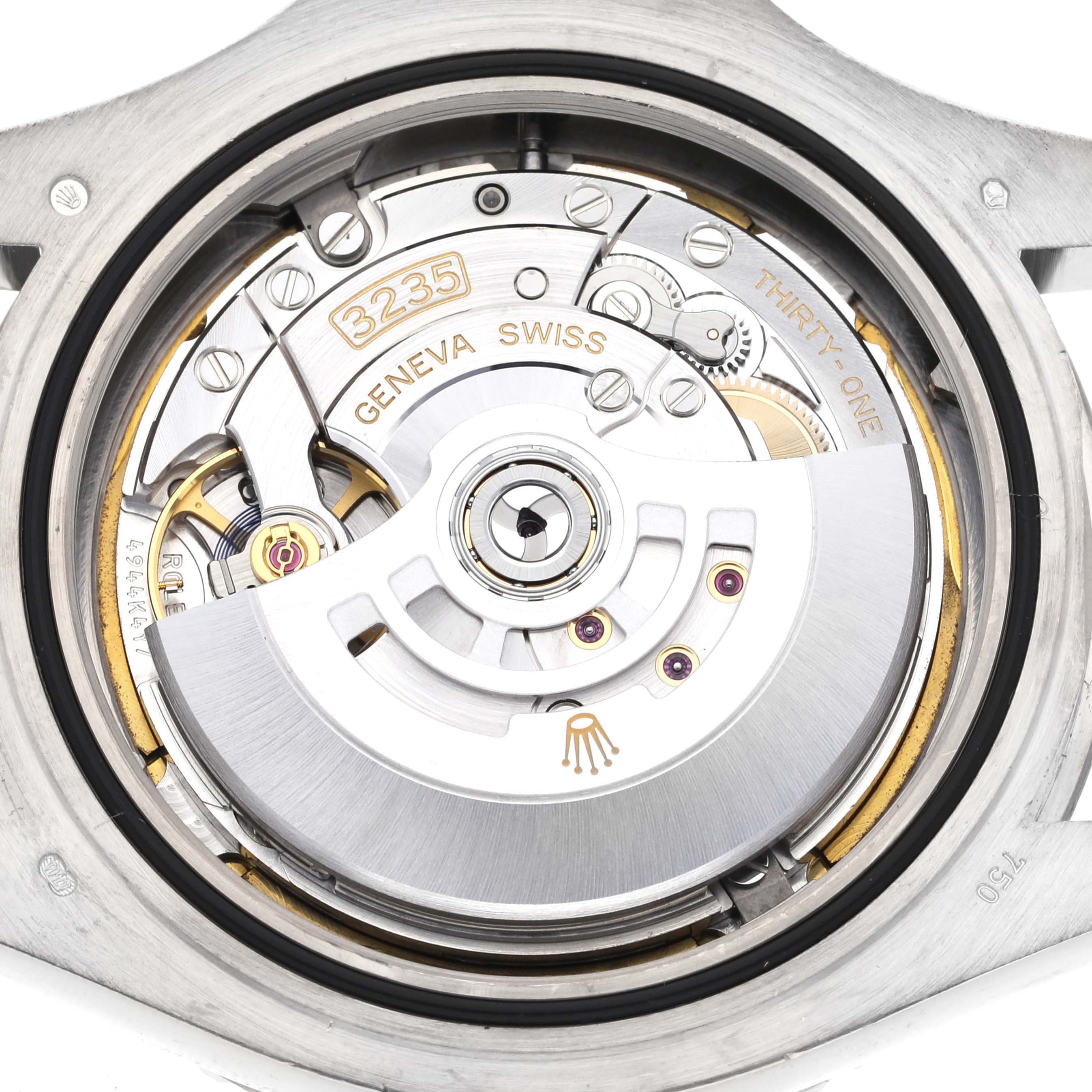 The image shows the Rolex Yacht-Master 226659 Men's White Gold Black Dial 226659 Men's White Gold Black Dial watch movement, model 3235, from a rear view highlighting the intricate internal mechanisms.