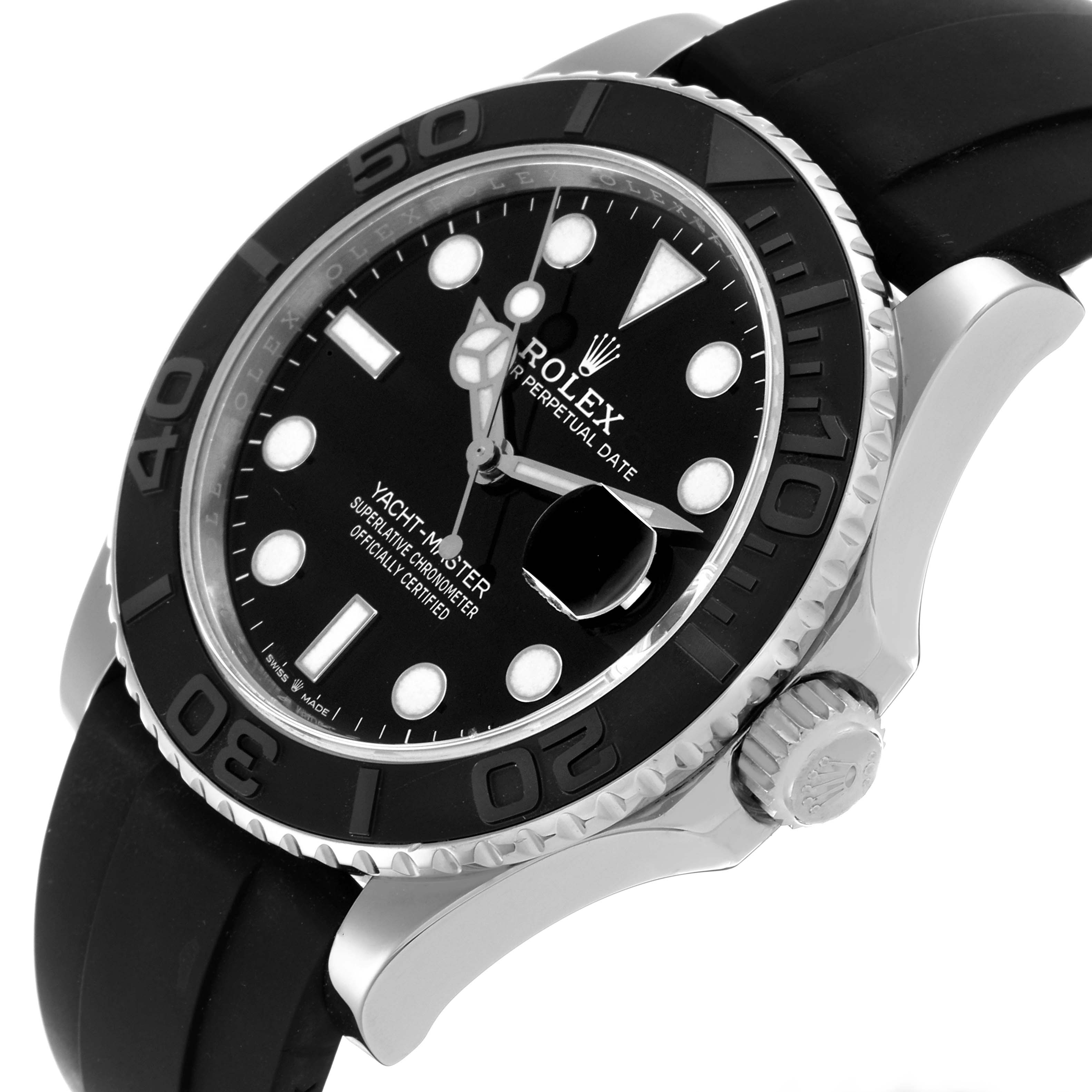 The image shows a Rolex Yacht-Master 226659 Men's White Gold Black Dial 226659 Men's White Gold Black Dial watch at an angled view, highlighting its bezel, dial, and crown.