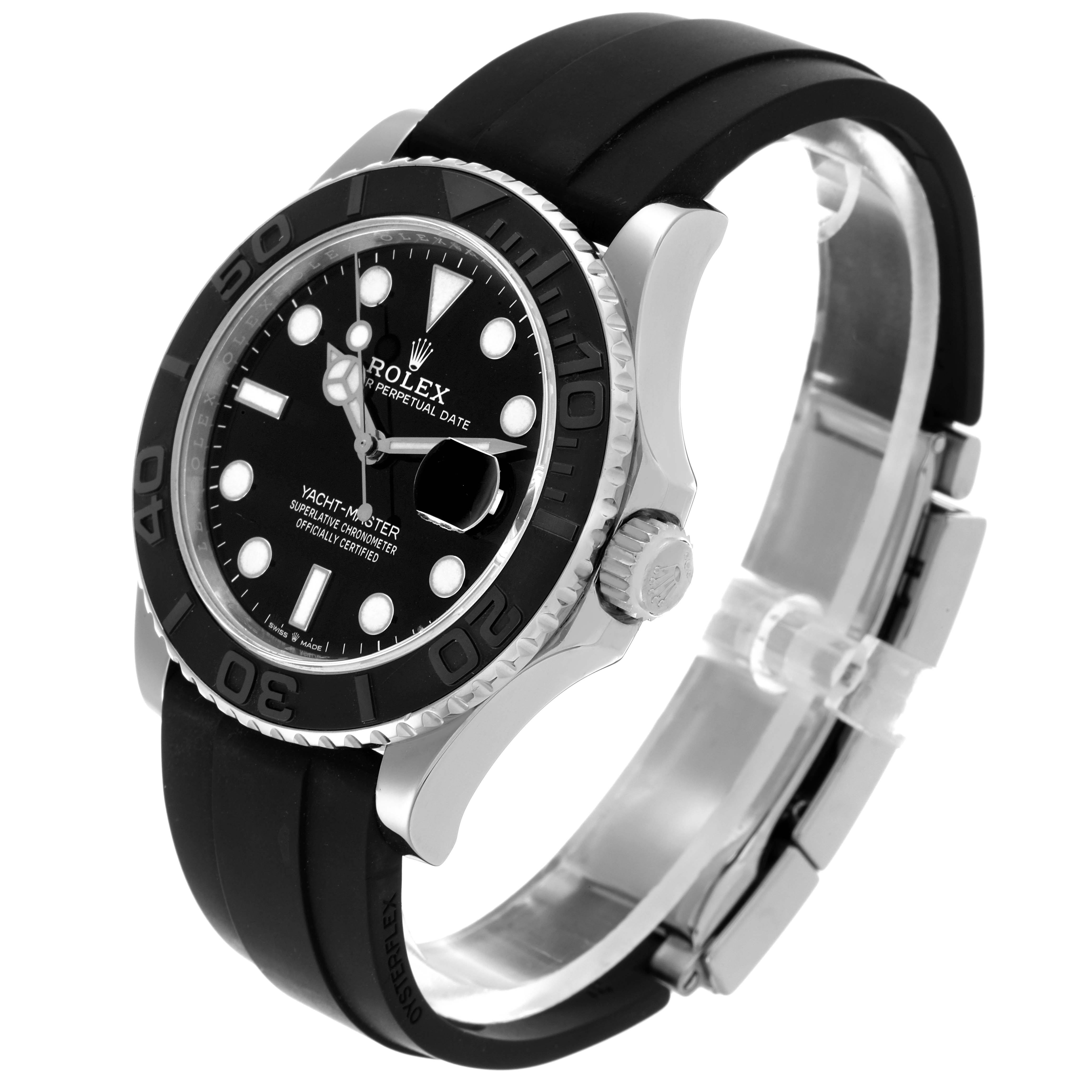 The Rolex Yacht-Master 226659 Men's White Gold Black Dial 226659 Men's White Gold Black Dial watch is shown from an angled side view, displaying the dial, bezel, crown, and rubber strap.