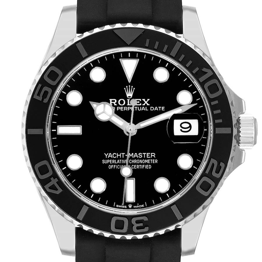 The Rolex Yacht-Master is shown from the front, displaying the dial, bezel, crown, and part of the strap.