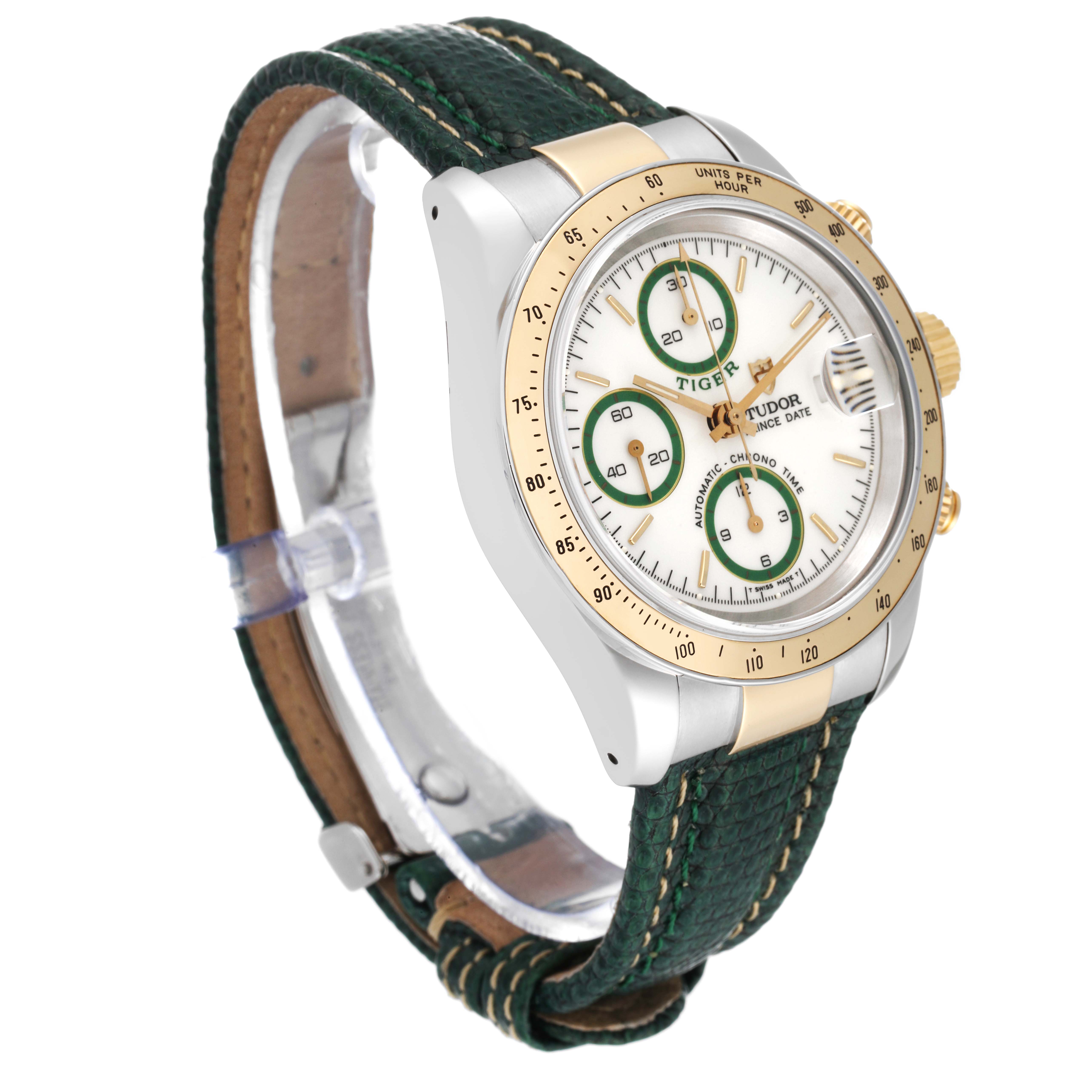 The image shows a Tudor Tiger 79263 Men's Steel and Gold (two tone) White Dial 79263 Men's Steel and Gold (two tone) White Dial model watch from a left-side angle, featuring the watch face, bezel, and green leather strap.