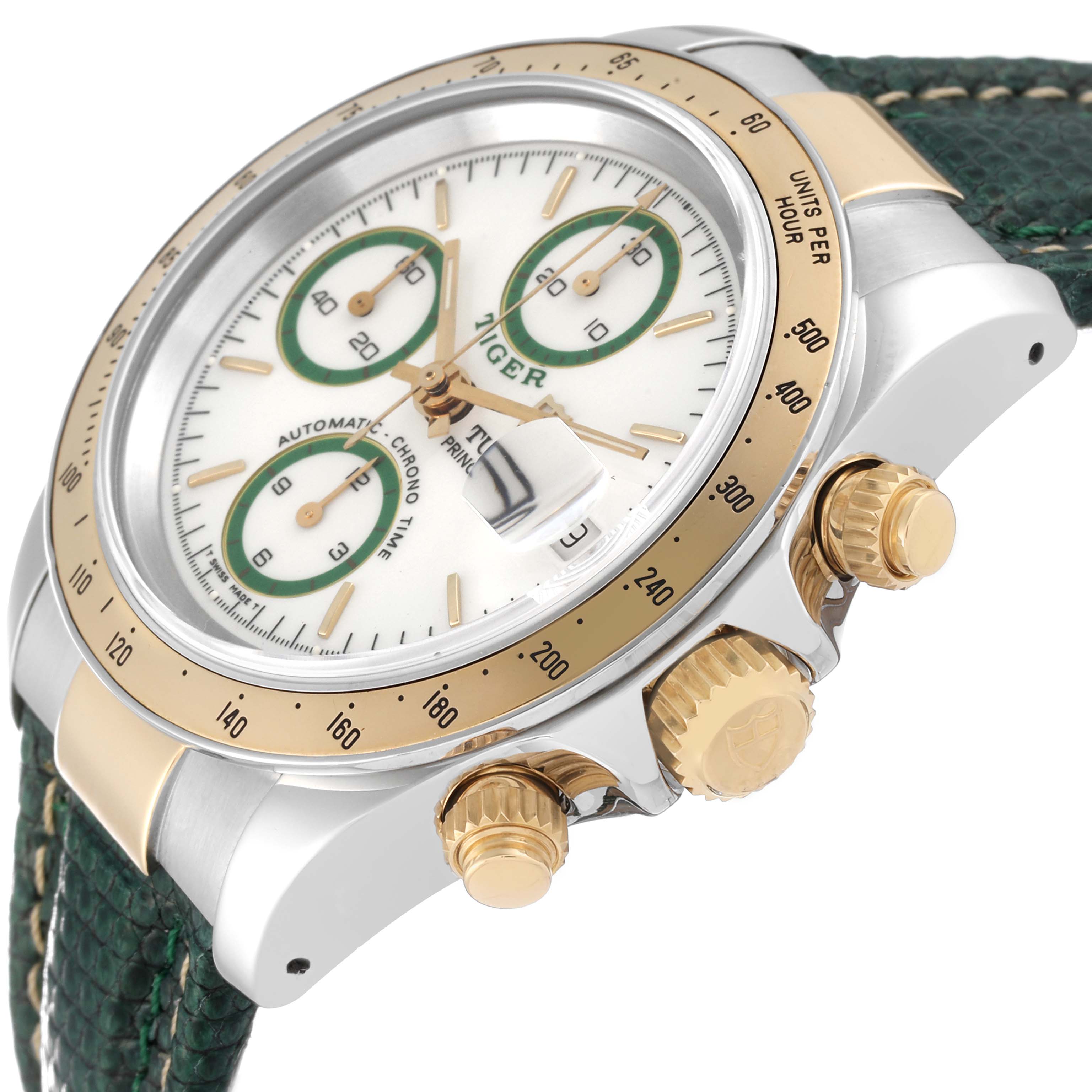 The image shows a Tudor Tiger 79263 Men's Steel and Gold (two tone) White Dial 79263 Men's Steel and Gold (two tone) White Dial model watch at an angled side view, highlighting the bezel, crown, pushers, and face.