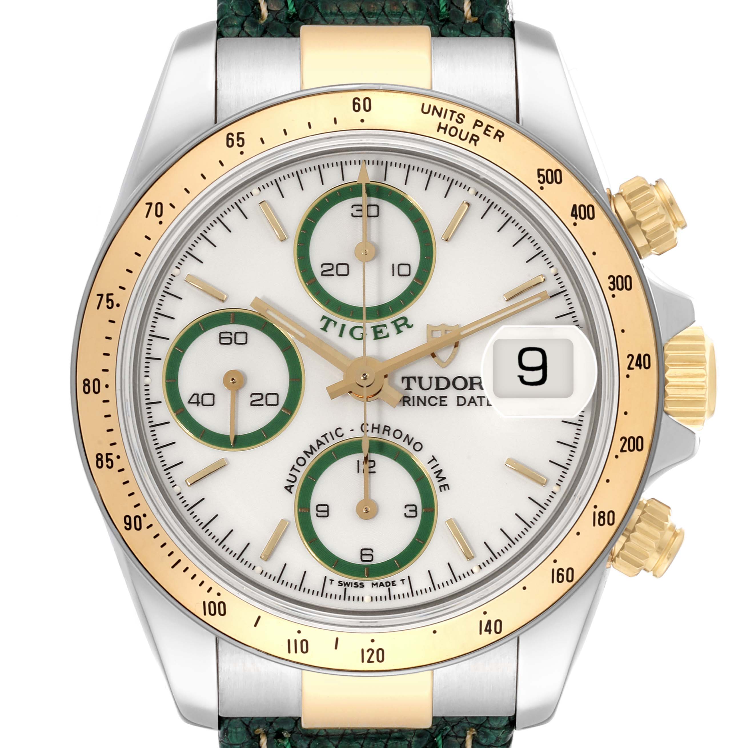 This Tudor Tiger 79263 Men's Steel and Gold (two tone) White Dial 79263 Men's Steel and Gold (two tone) White Dial model watch is shown from the front, highlighting its face, date window, subdials, and bezel.