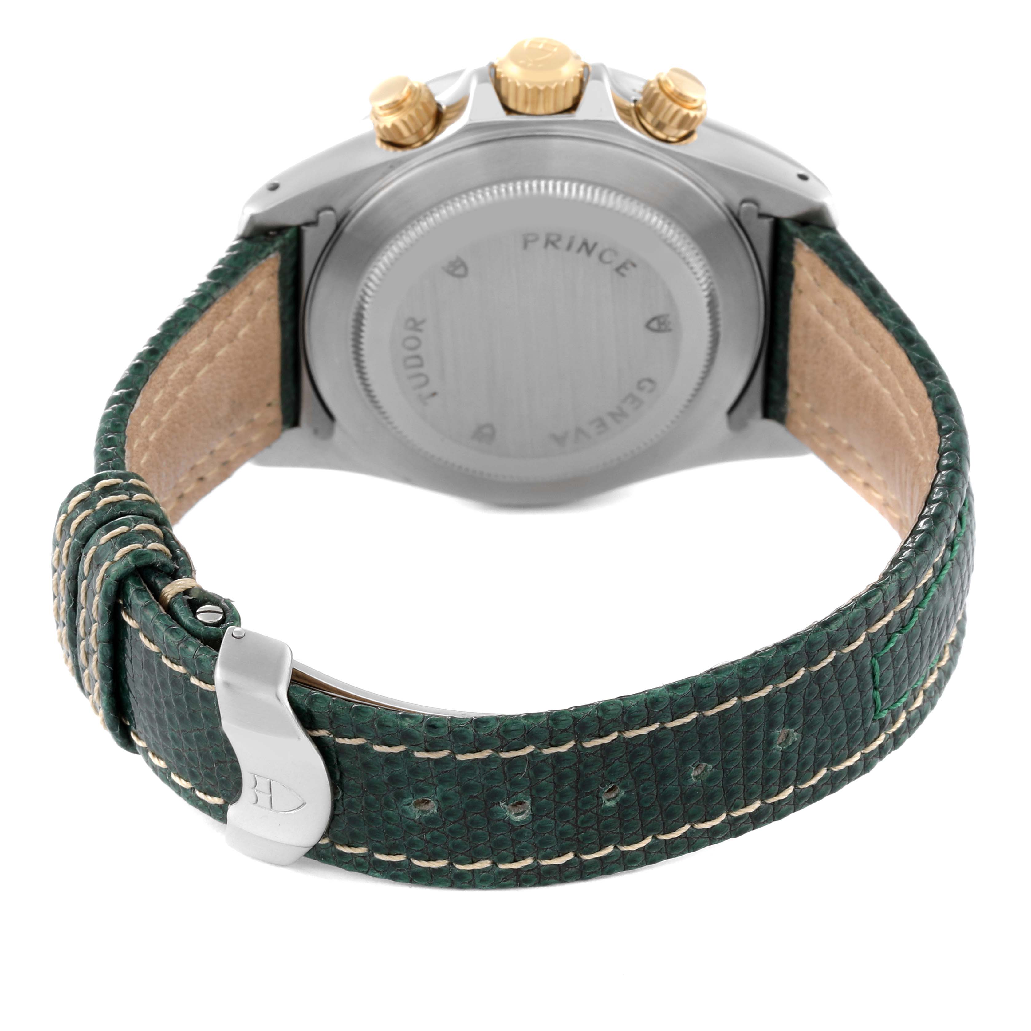 The image shows the back of the Tudor Tiger 79263 Men's Steel and Gold (two tone) White Dial 79263 Men's Steel and Gold (two tone) White Dial watch, including the case back, crown, pushers, and green leather strap with stitching.