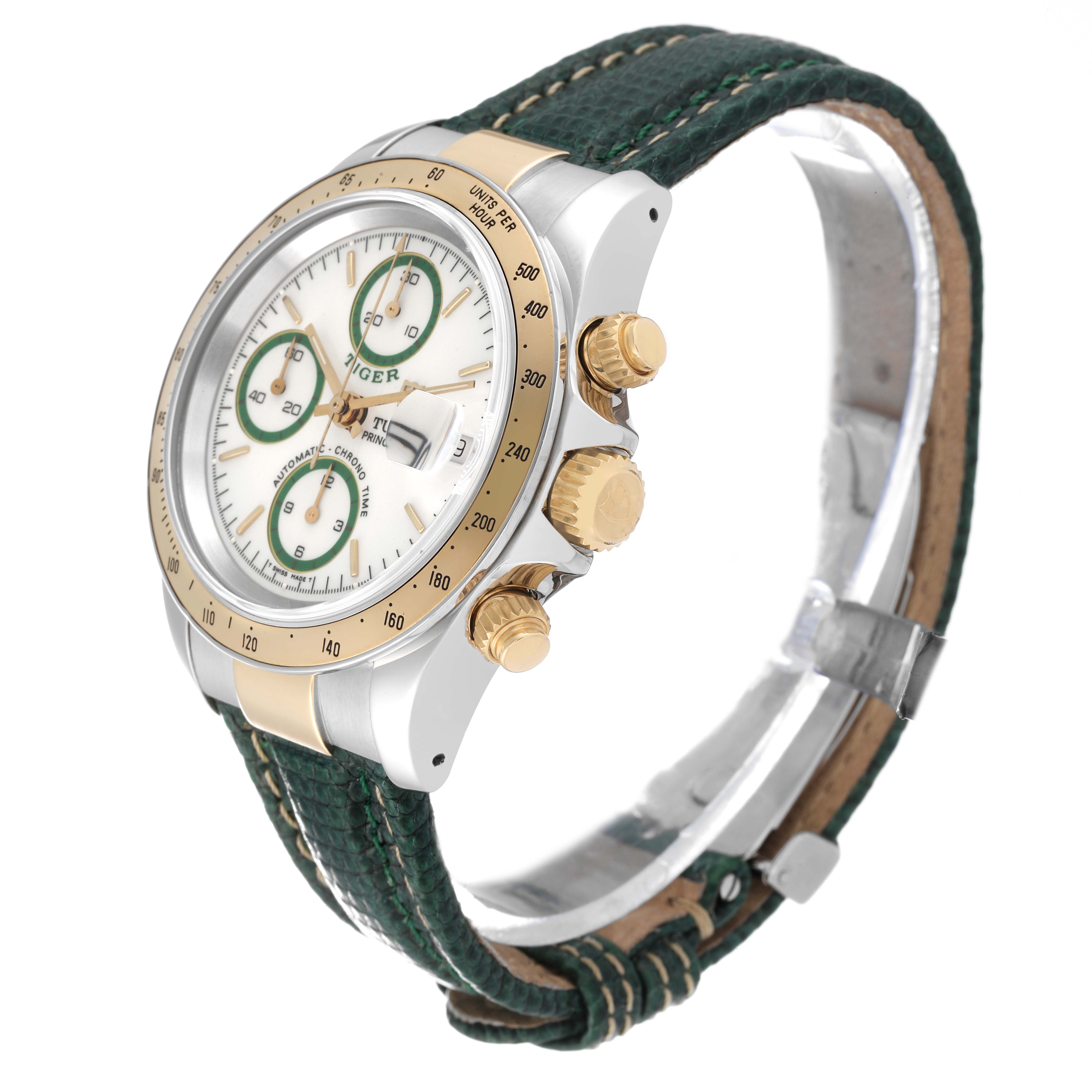 This Tudor Tiger 79263 Men's Steel and Gold (two tone) White Dial 79263 Men's Steel and Gold (two tone) White Dial model watch is shown at an oblique angle, highlighting its face, bezel, crown, and strap.