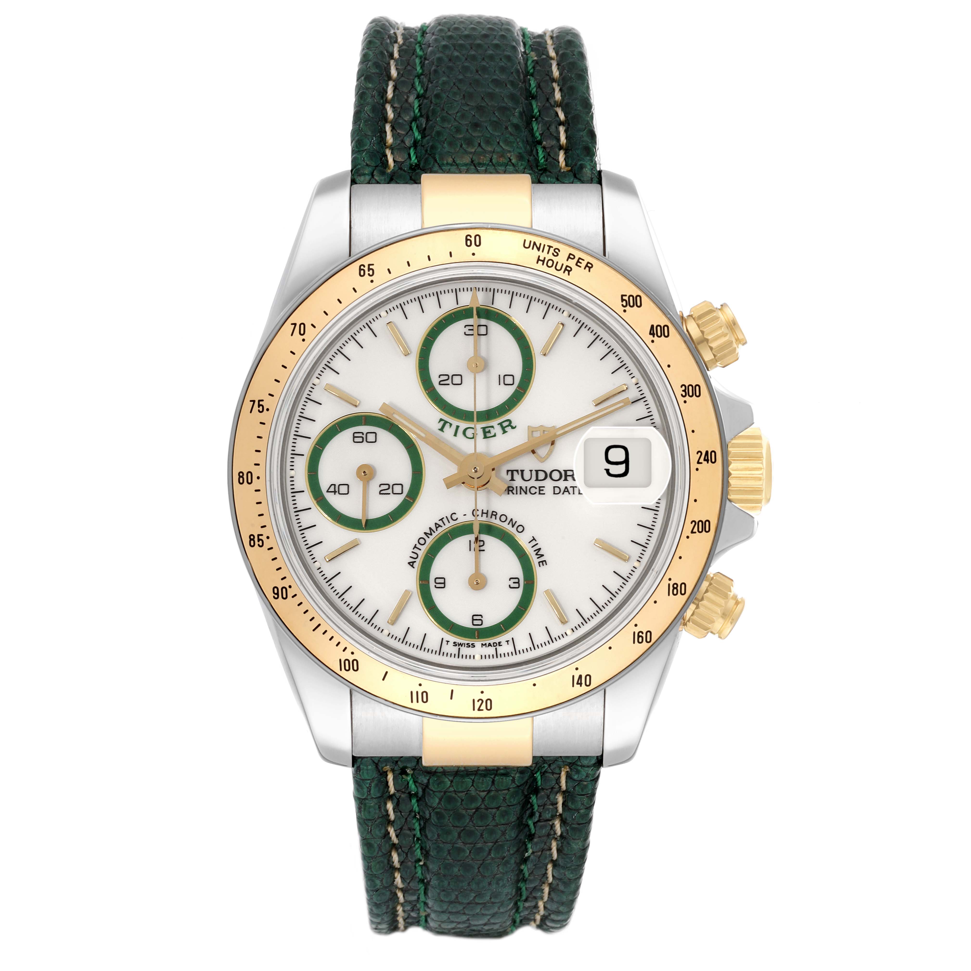 The Tudor Tiger 79263 Men's Steel and Gold (two tone) White Dial 79263 Men's Steel and Gold (two tone) White Dial model watch is shown from the front, displaying the face, bezel, and strap.