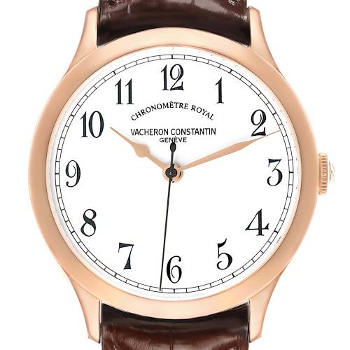 The Vacheron Constantin Historiques 86122/000R-9362 Men's Rose Gold White Dial watch is shown from a front angle, highlighting the dial, hands, and part of the leather strap.