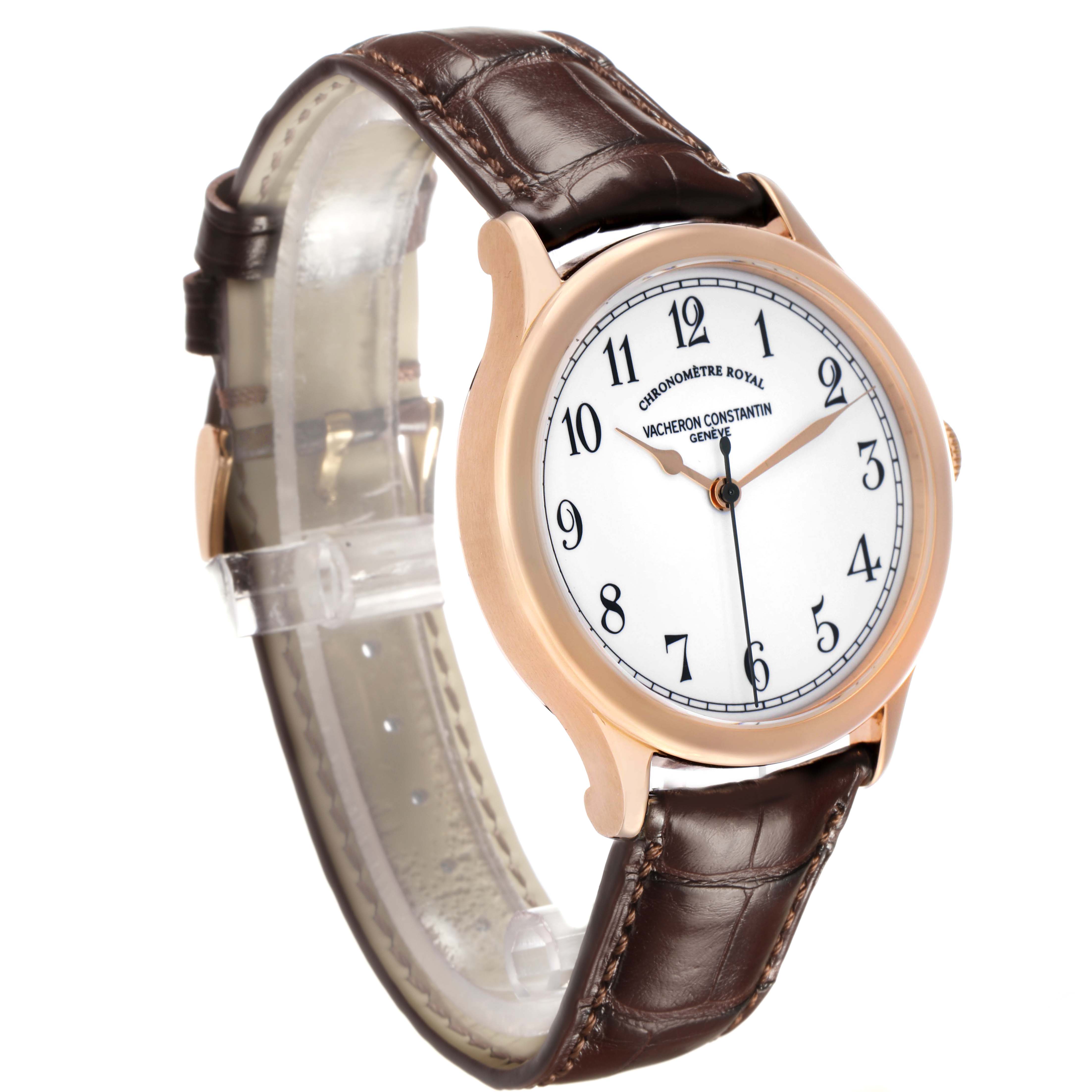 The Vacheron Constantin Historiques 86122/000R-9362 Men's Rose Gold White Dial watch is shown at a slight side angle, displaying its dial, case, and leather strap.