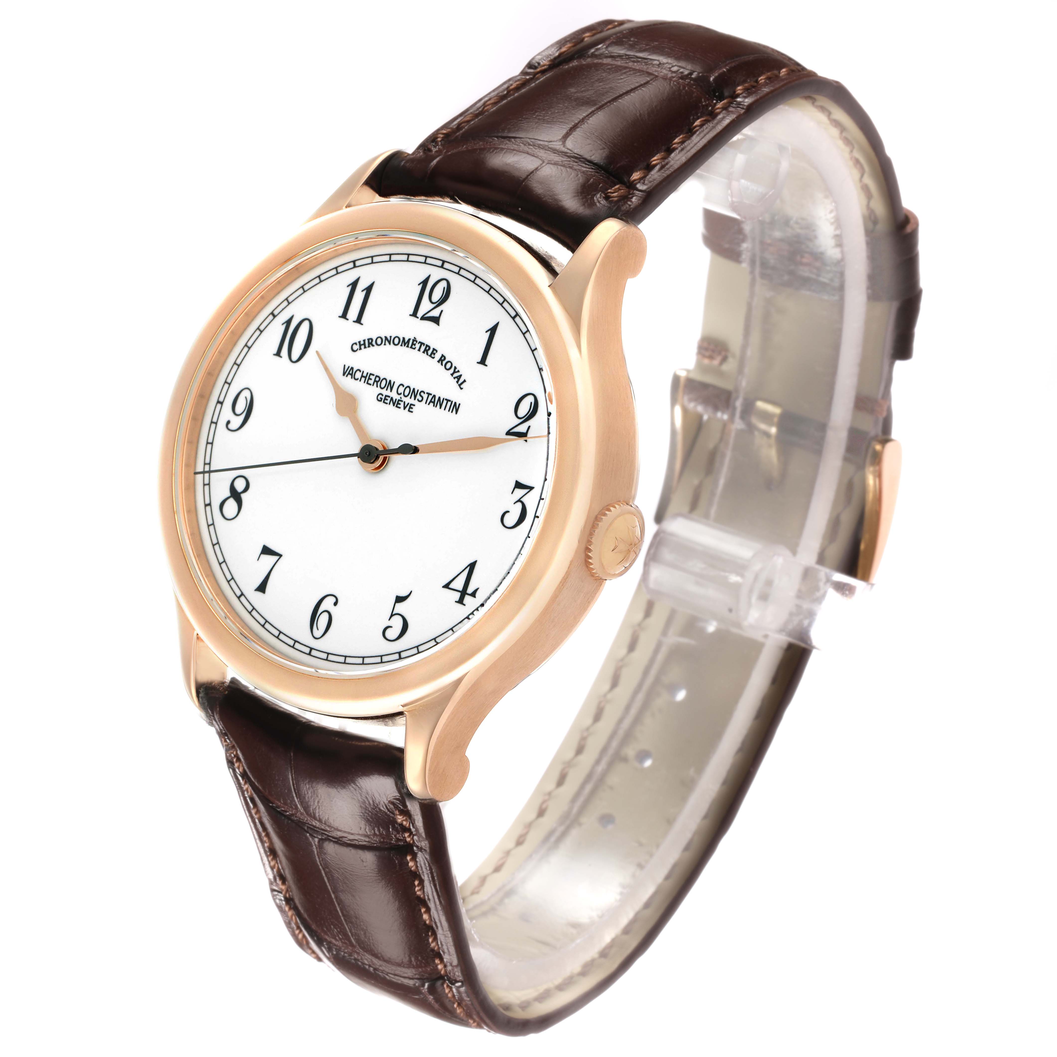 The Vacheron Constantin Historiques 86122/000R-9362 Men's Rose Gold White Dial watch is shown at an angled view, displaying the dial, crown, case, and leather strap.