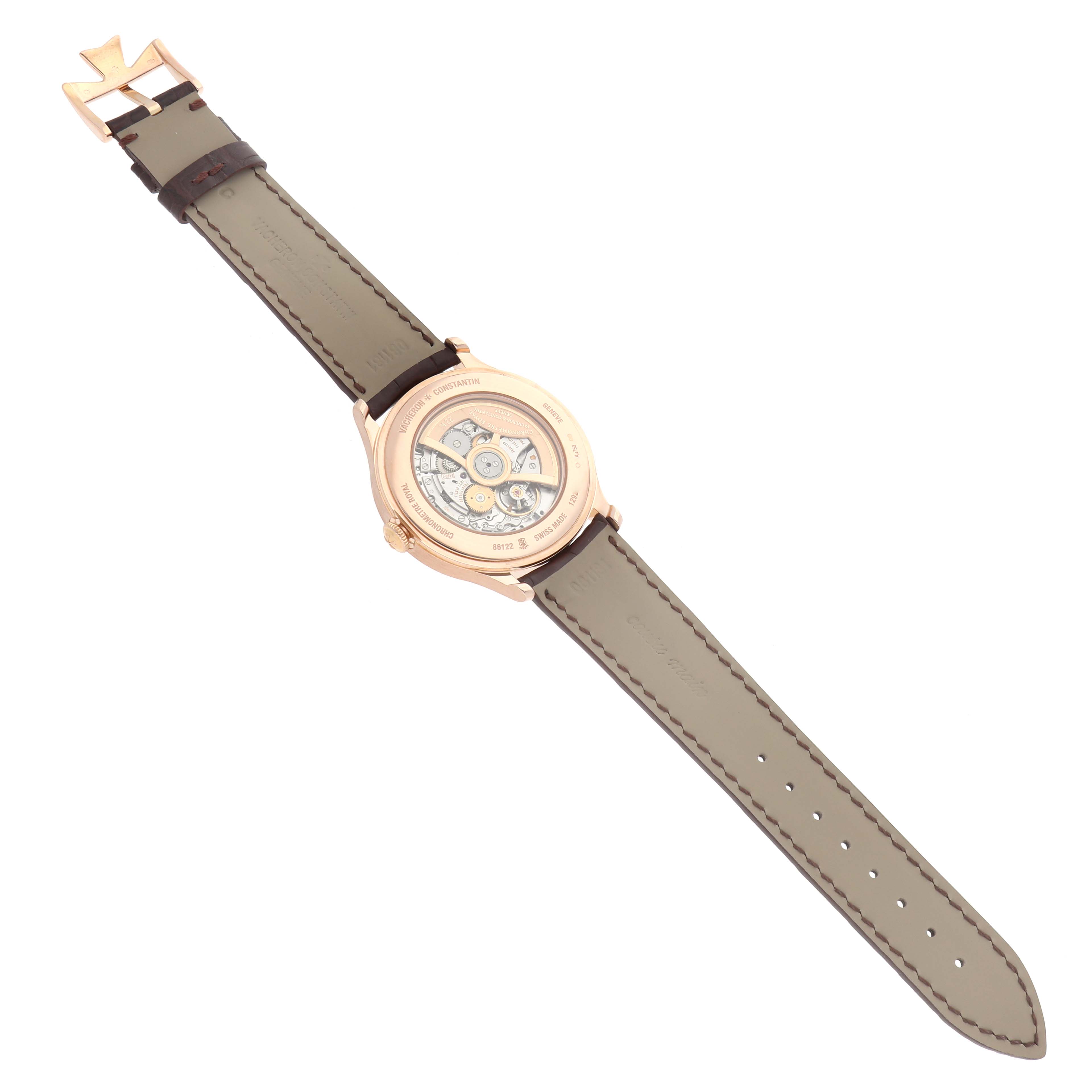 The image shows the back view of a Vacheron Constantin Historiques 86122/000R-9362 Men's Rose Gold White Dial model, highlighting its movement and strap detail.