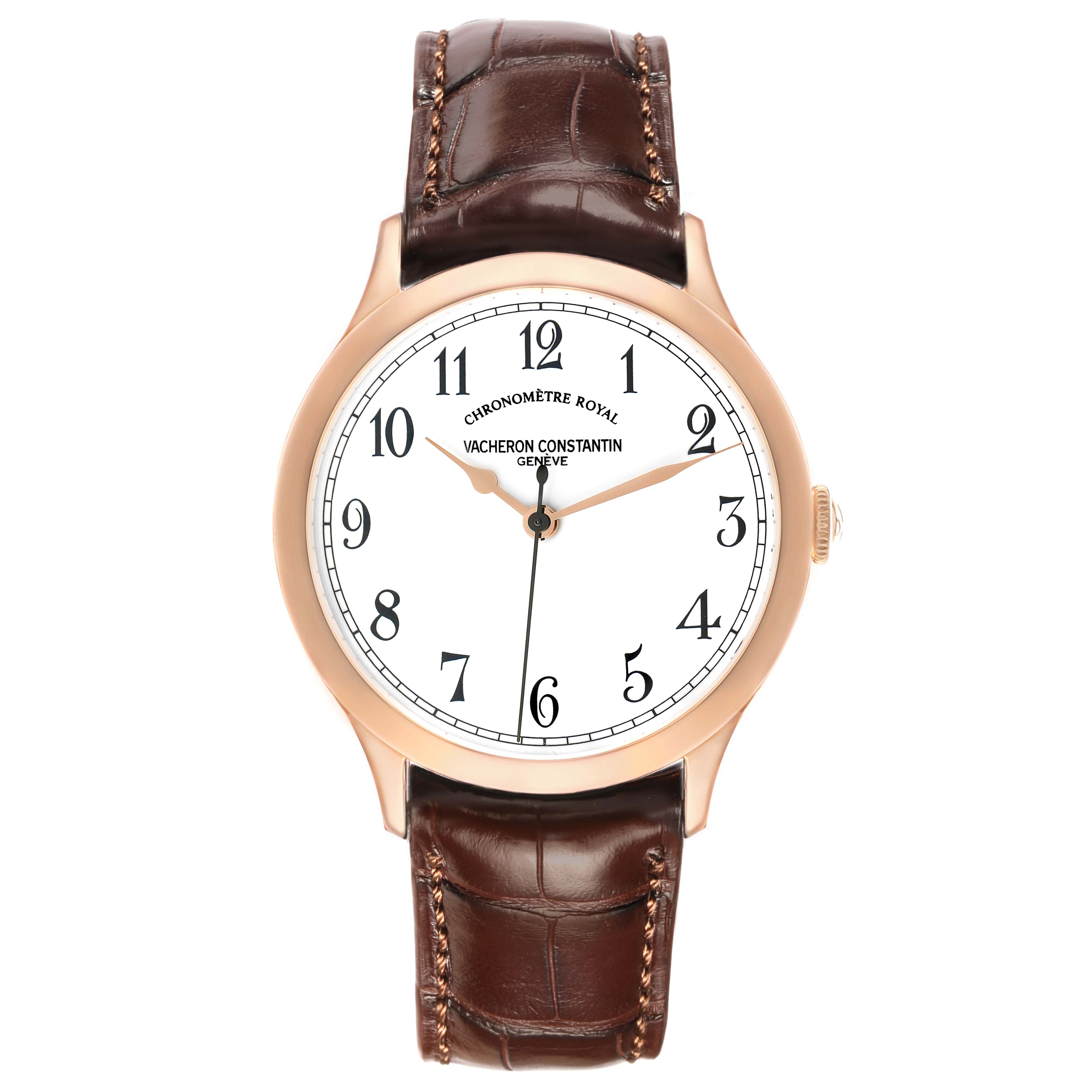 The Vacheron Constantin Historiques 86122/000R-9362 Men's Rose Gold White Dial watch is shown from a front angle, highlighting its dial, hands, bezel, and leather strap.