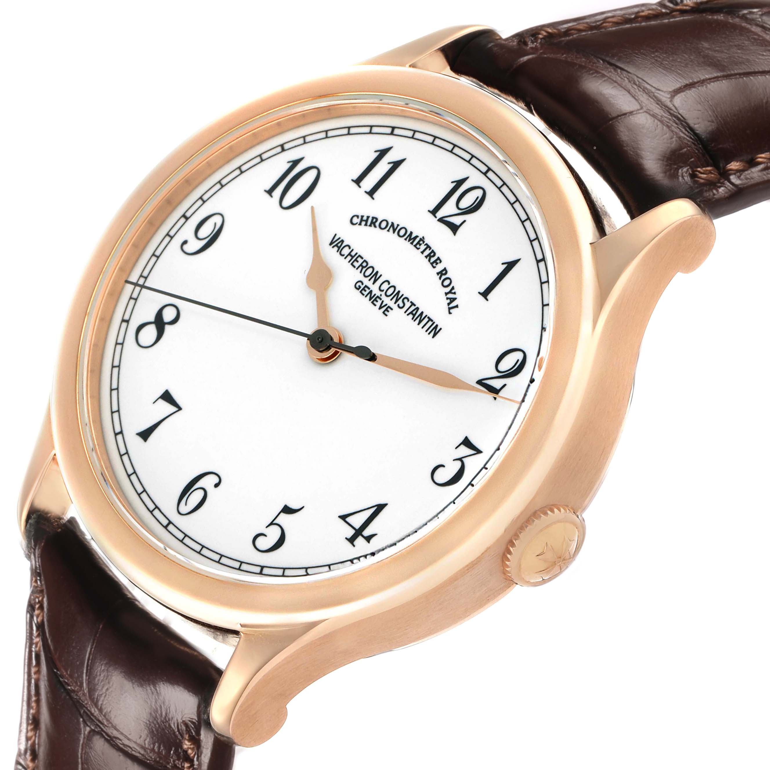The Vacheron Constantin Historiques 86122/000R-9362 Men's Rose Gold White Dial watch is shown at an angled side view, displaying the dial, case, and part of the strap.