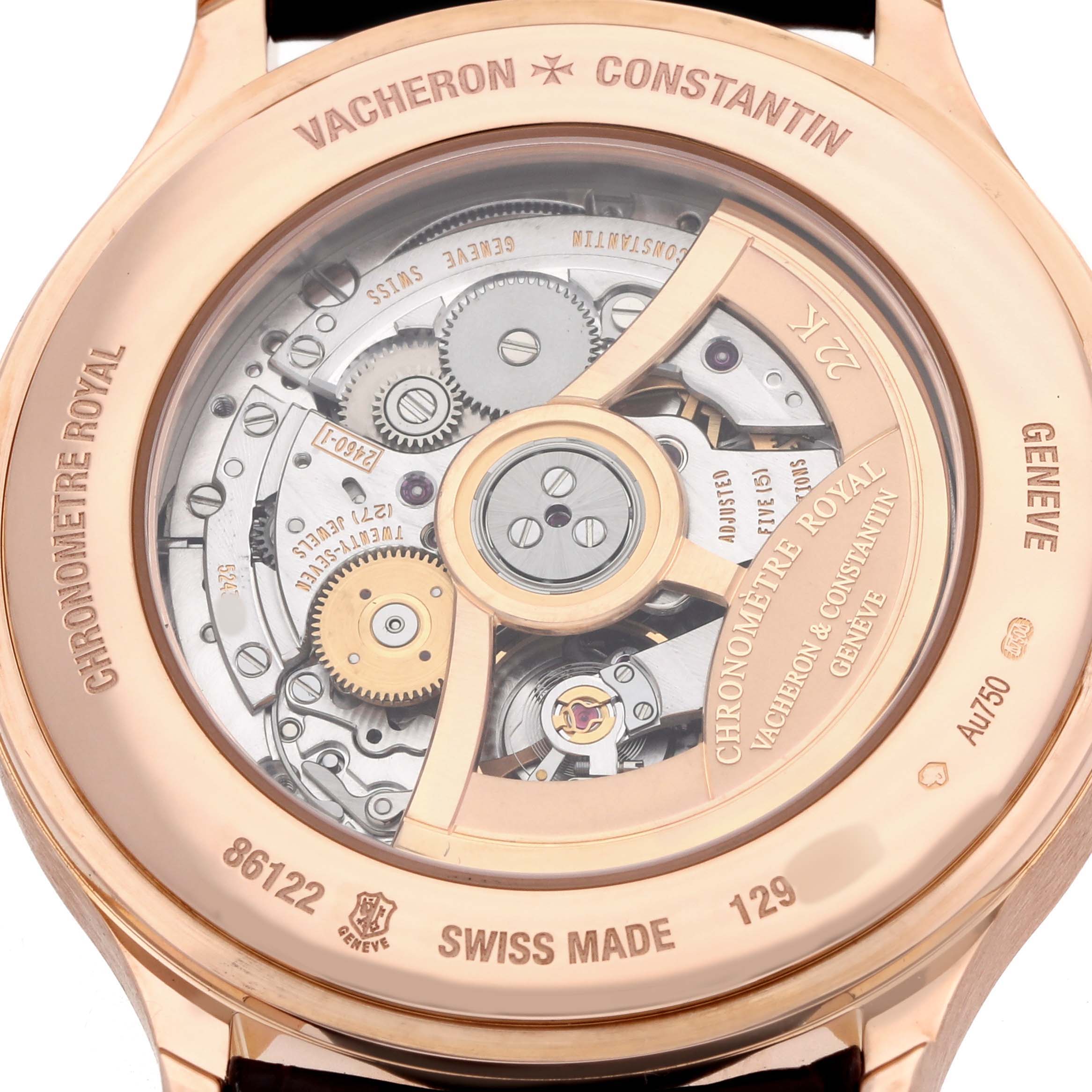 The image shows the back view of a Vacheron Constantin Historiques 86122/000R-9362 Men's Rose Gold White Dial model, highlighting its intricate movement and engravings.
