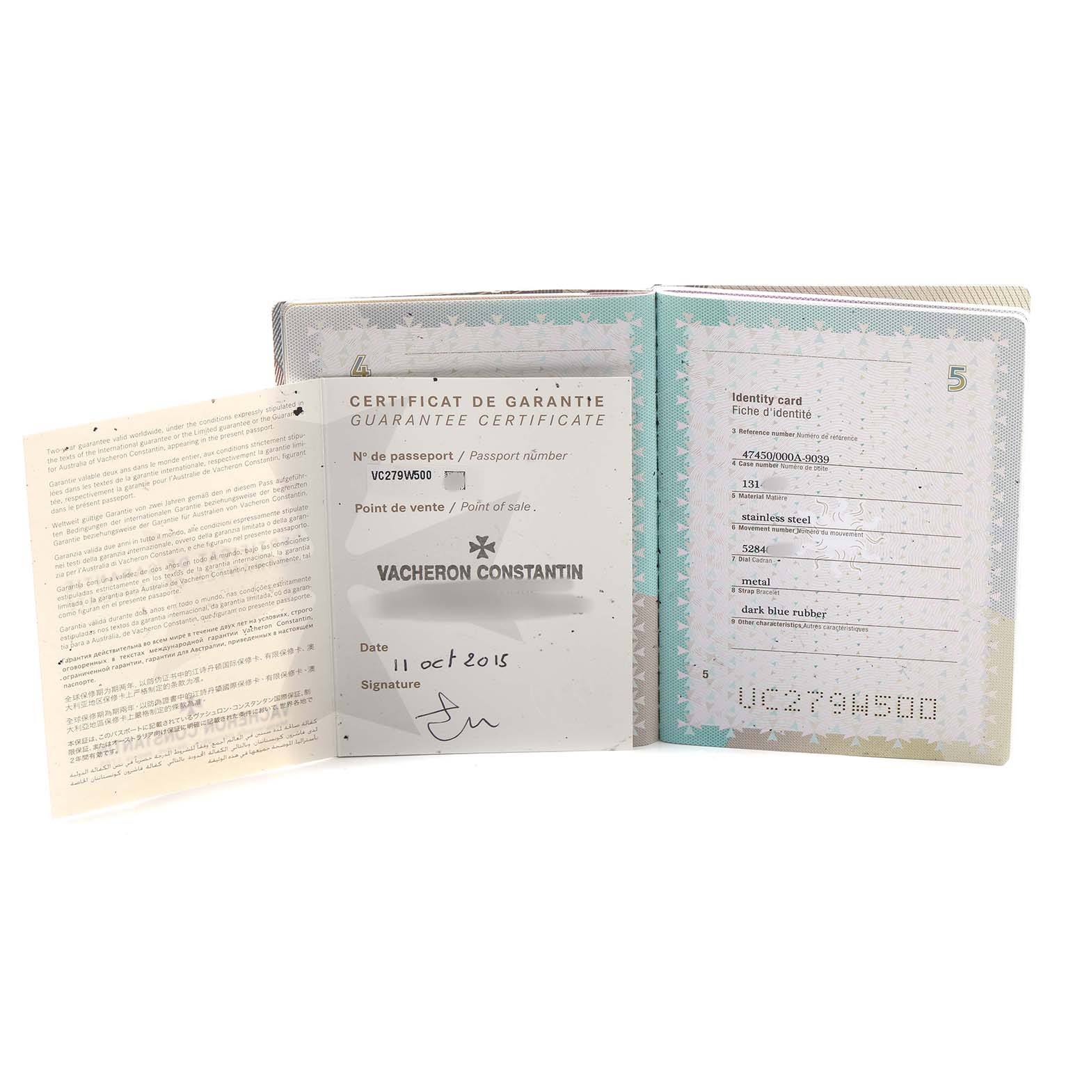 The image shows the guarantee certificate and identity card for a Vacheron Constantin Overseas 47450 Men's Stainless Steel Blue Dial watch.