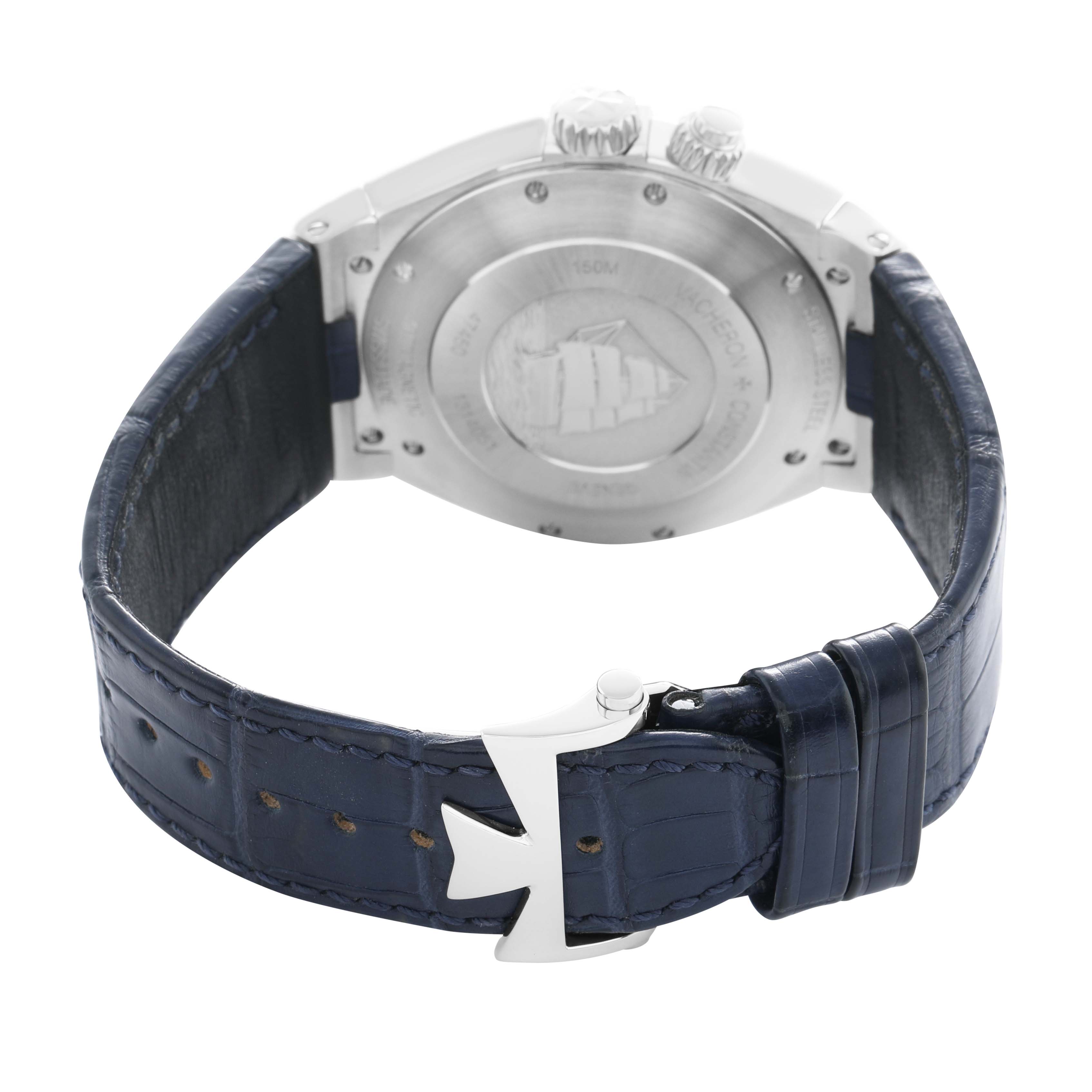 The image shows the back case and blue leather strap with a clasp of the Vacheron Constantin Overseas 47450 Men's Stainless Steel Blue Dial model.