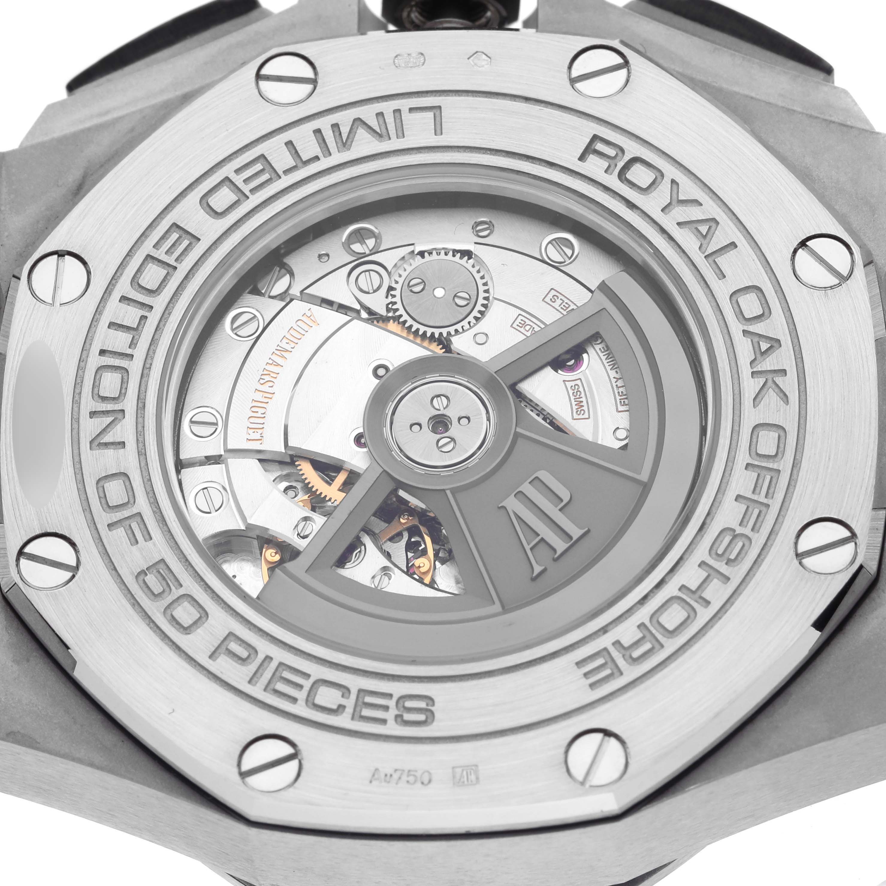 The image shows the back of the Audemars Piguet Royal Oak Offshore 26417BC.OO.A002CR.01 Men's White Gold Grey Dial 26417BC.OO.A002CR.01 Men's White Gold Grey Dial, highlighting the movement and limited edition engraving.