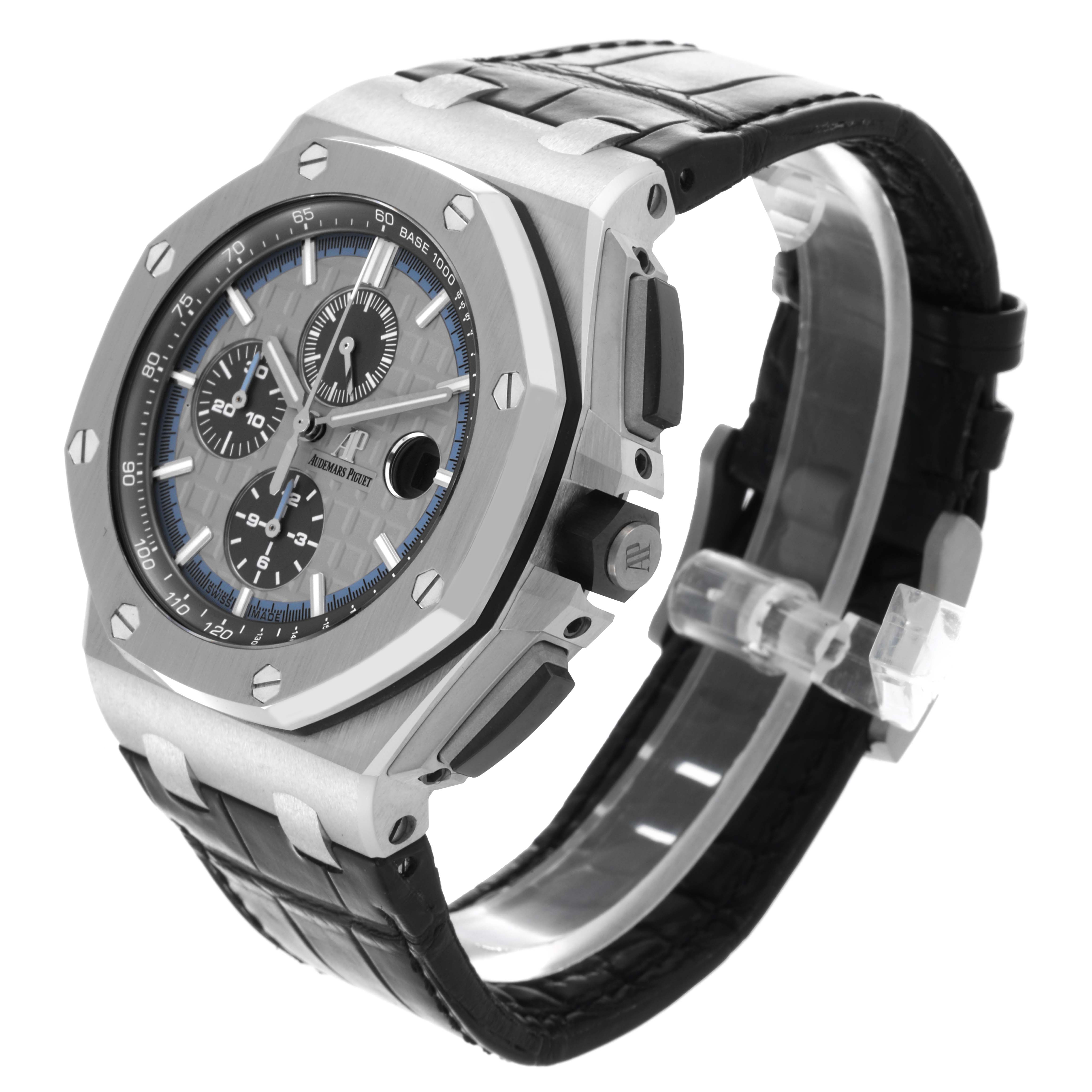 The Audemars Piguet Royal Oak Offshore 26417BC.OO.A002CR.01 Men's White Gold Grey Dial 26417BC.OO.A002CR.01 Men's White Gold Grey Dial is shown at a side angle, highlighting the bezel, strap, and chronograph features.