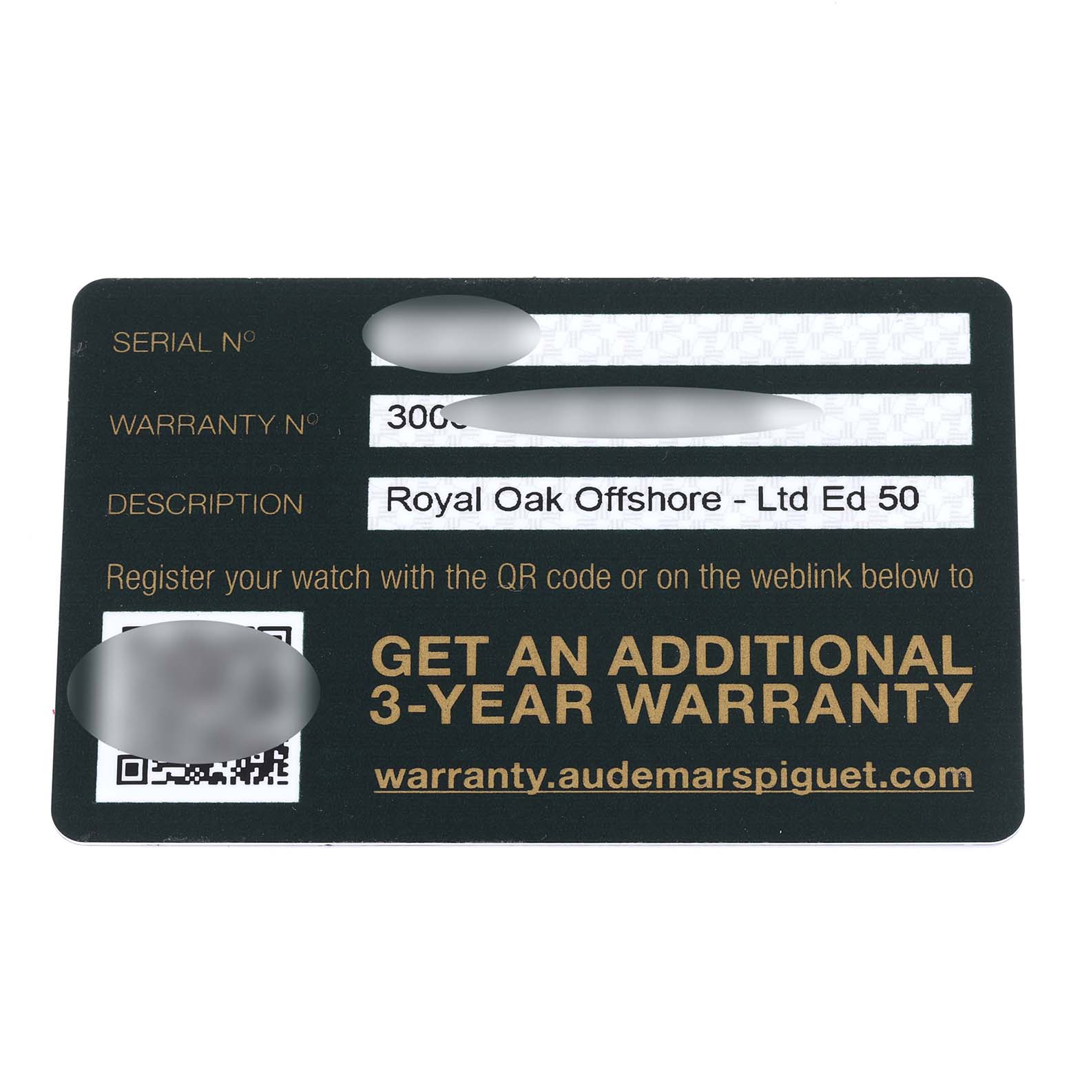 The image shows the warranty card for the Audemars Piguet Royal Oak Offshore 26417BC.OO.A002CR.01 Men's White Gold Grey Dial 26417BC.OO.A002CR.01 Men's White Gold Grey Dial watch.