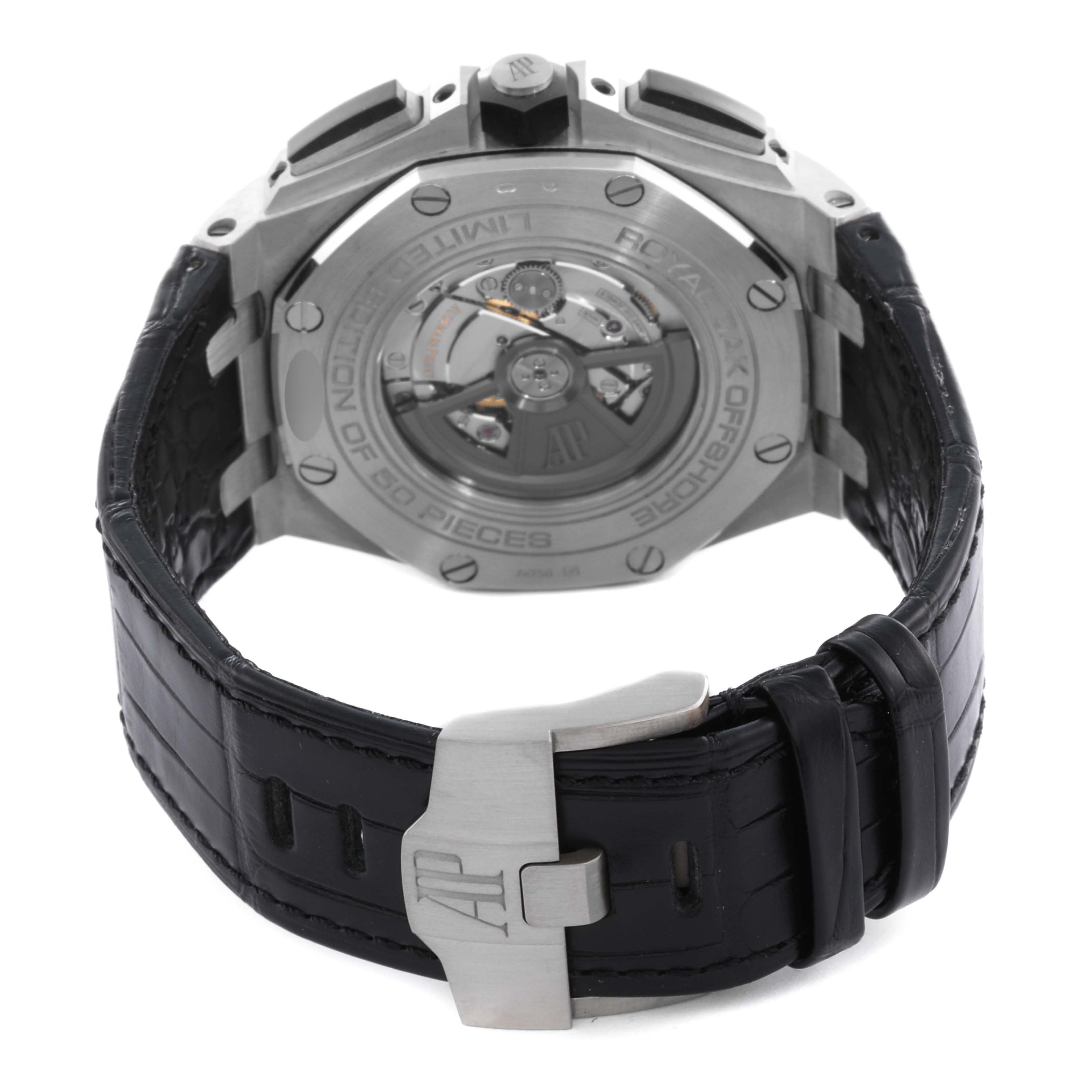 The image shows the back view of the Audemars Piguet Royal Oak Offshore 26417BC.OO.A002CR.01 Men's White Gold Grey Dial 26417BC.OO.A002CR.01 Men's White Gold Grey Dial, highlighting the case back and strap clasp.