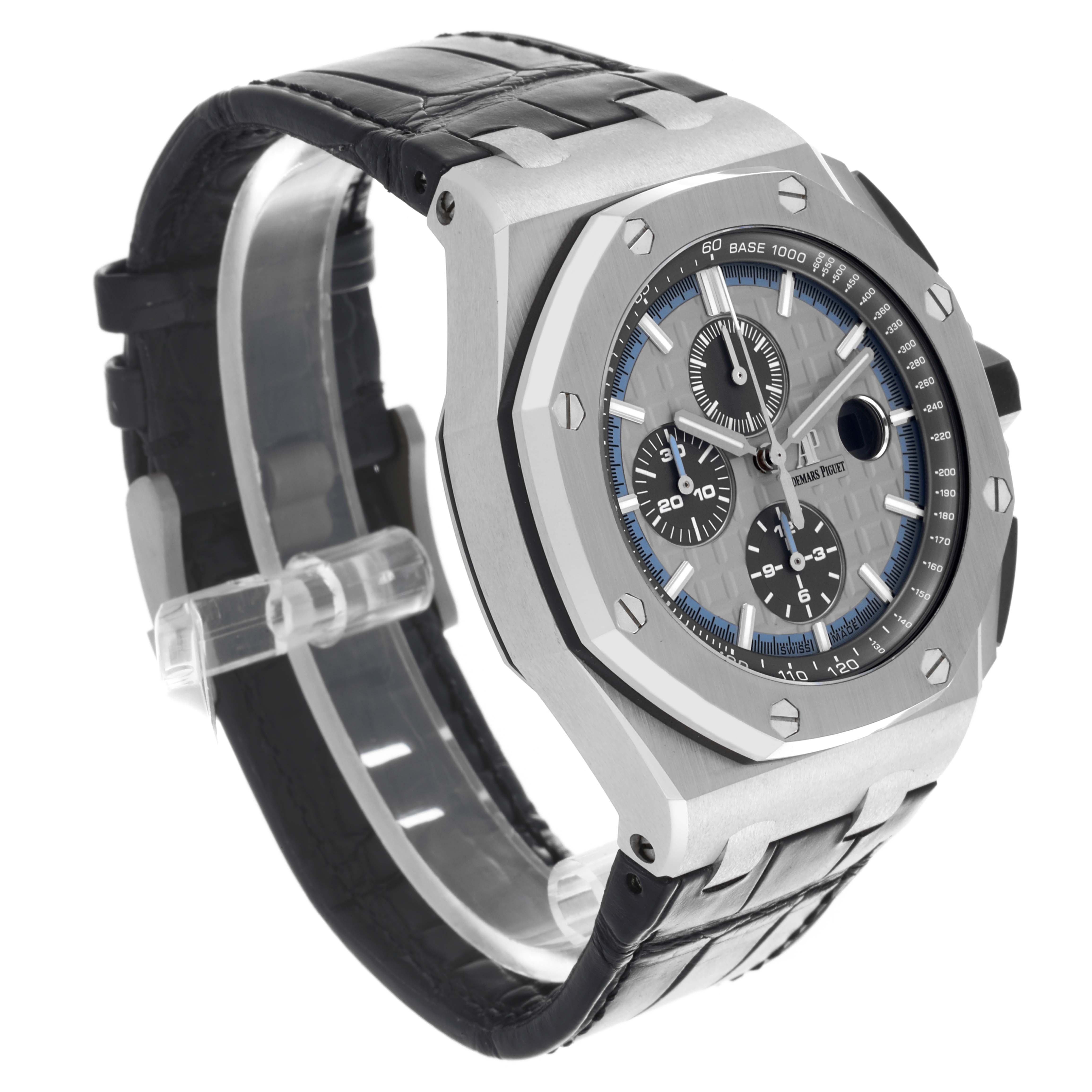 The image shows an angled view of the Audemars Piguet Royal Oak Offshore 26417BC.OO.A002CR.01 Men's White Gold Grey Dial 26417BC.OO.A002CR.01 Men's White Gold Grey Dial watch, highlighting the dial, bezel, and strap.