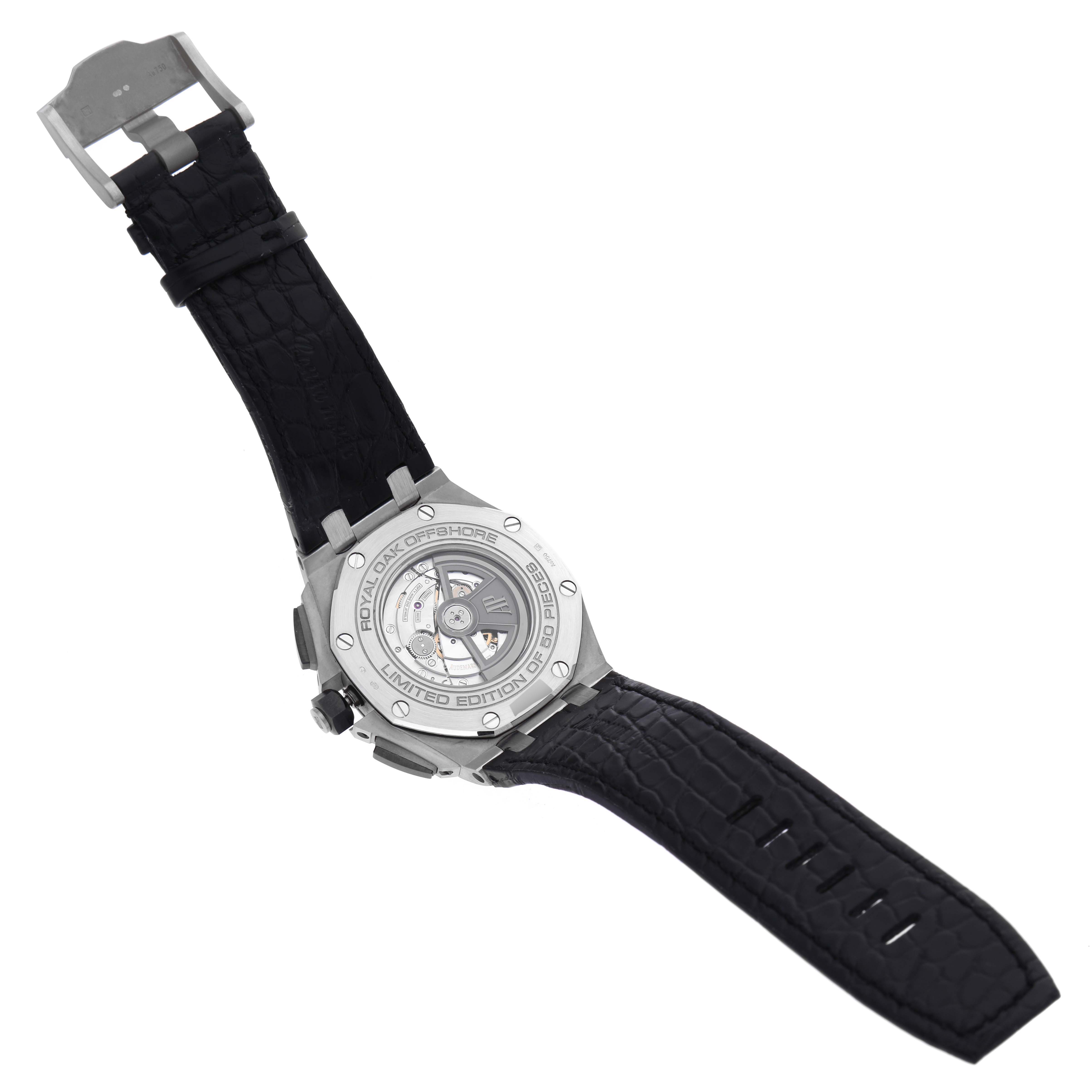 The image shows the back of an Audemars Piguet Royal Oak Offshore 26417BC.OO.A002CR.01 Men's White Gold Grey Dial 26417BC.OO.A002CR.01 Men's White Gold Grey Dial watch, highlighting the case back and strap.