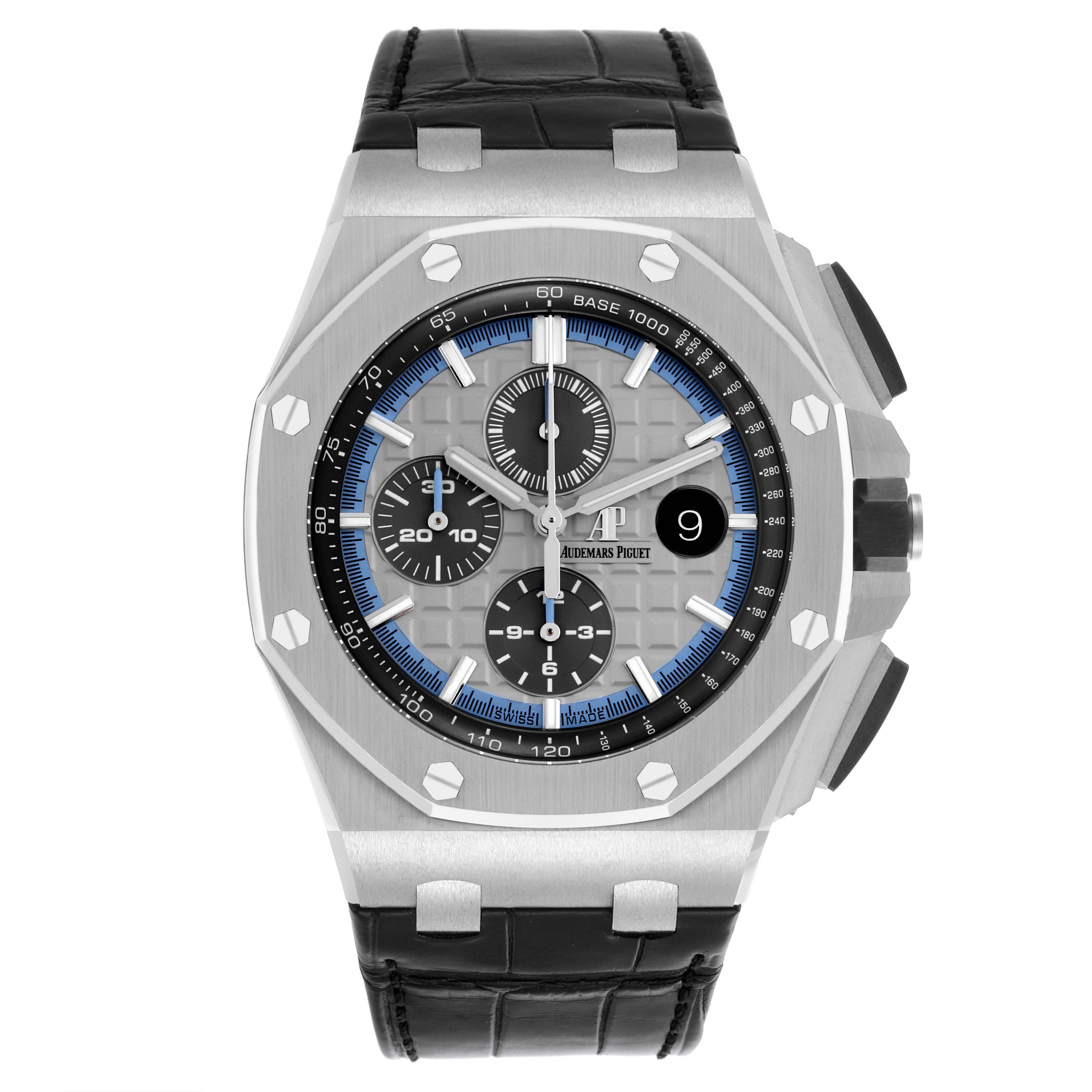 The image shows a front view of the Audemars Piguet Royal Oak Offshore 26417BC.OO.A002CR.01 Men's White Gold Grey Dial 26417BC.OO.A002CR.01 Men's White Gold Grey Dial, highlighting the face, bezel, and strap.