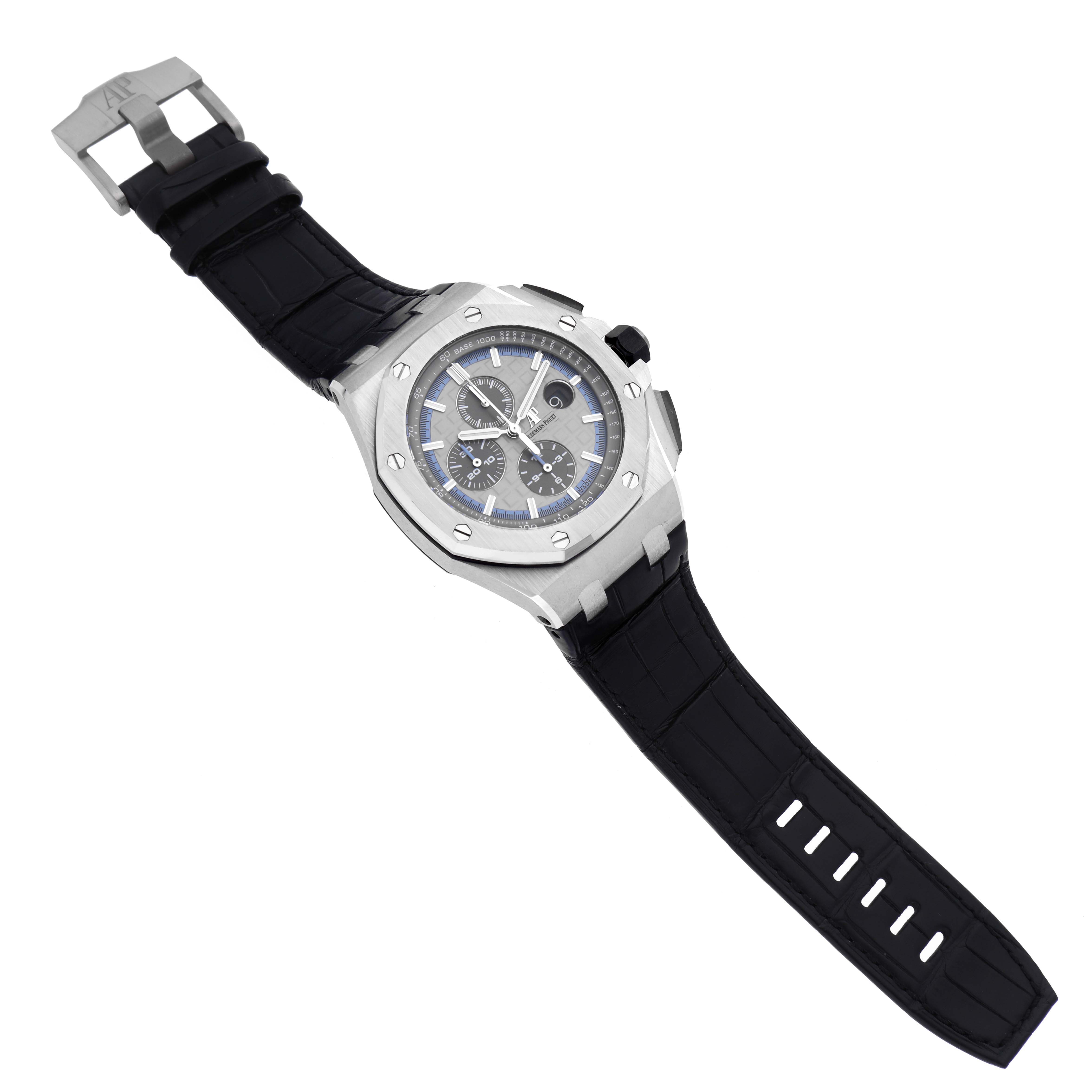 The Audemars Piguet Royal Oak Offshore 26417BC.OO.A002CR.01 Men's White Gold Grey Dial 26417BC.OO.A002CR.01 Men's White Gold Grey Dial watch is shown at a slight angle, displaying the face, bezel, and strap.