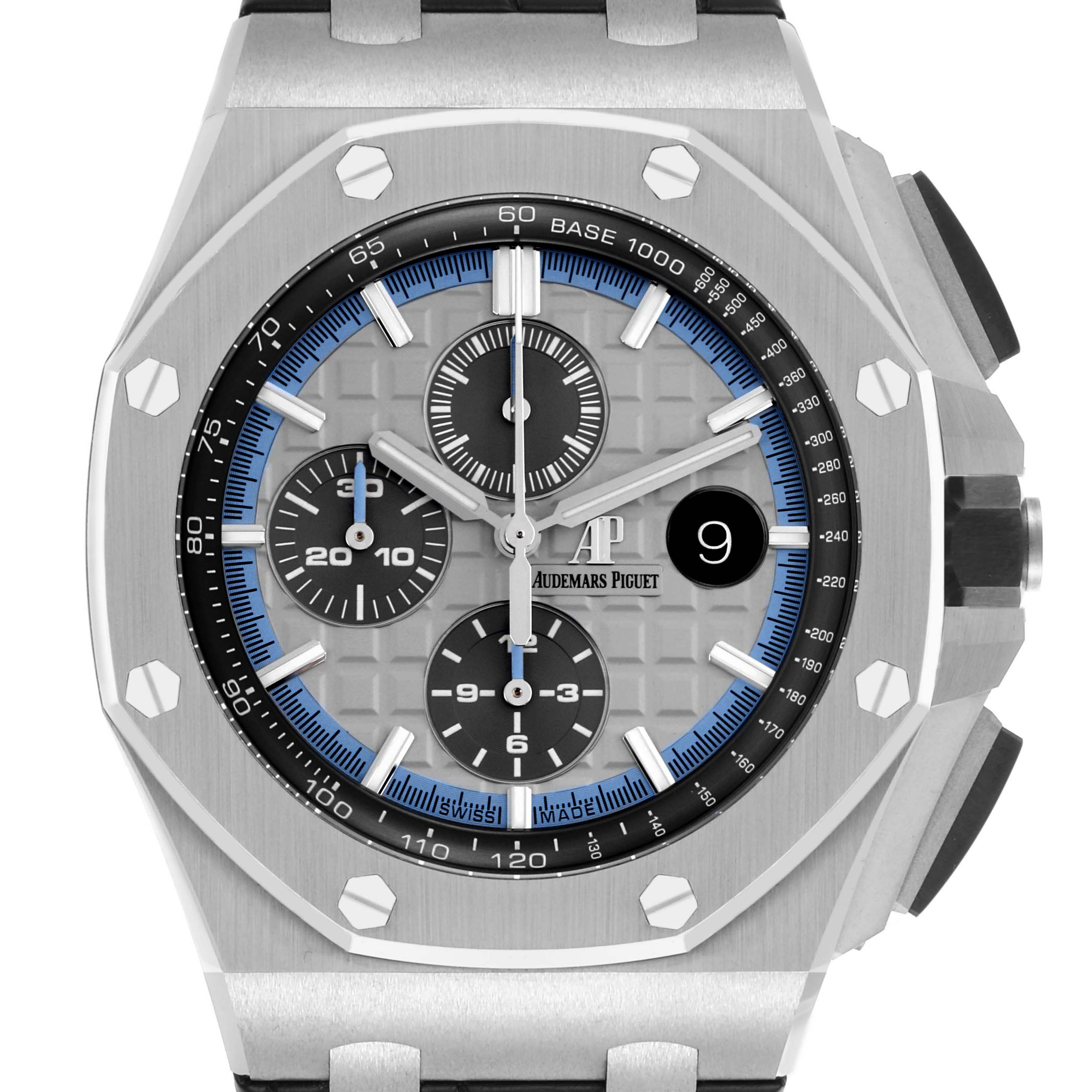 The Audemars Piguet Royal Oak Offshore 26417BC.OO.A002CR.01 Men's White Gold Grey Dial 26417BC.OO.A002CR.01 Men's White Gold Grey Dial watch is shown from the front, highlighting the dial, bezel, and chronograph features.
