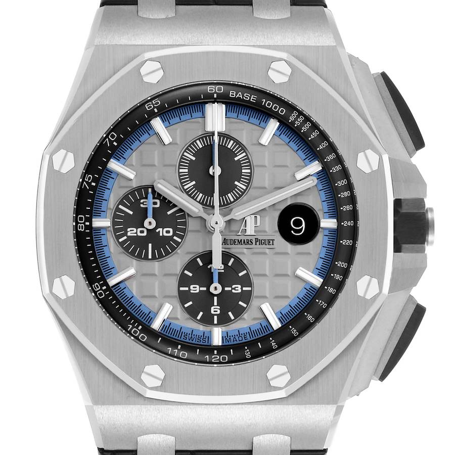 The Audemars Piguet Royal Oak Offshore watch is shown from the front, highlighting the dial, bezel, and chronograph features.