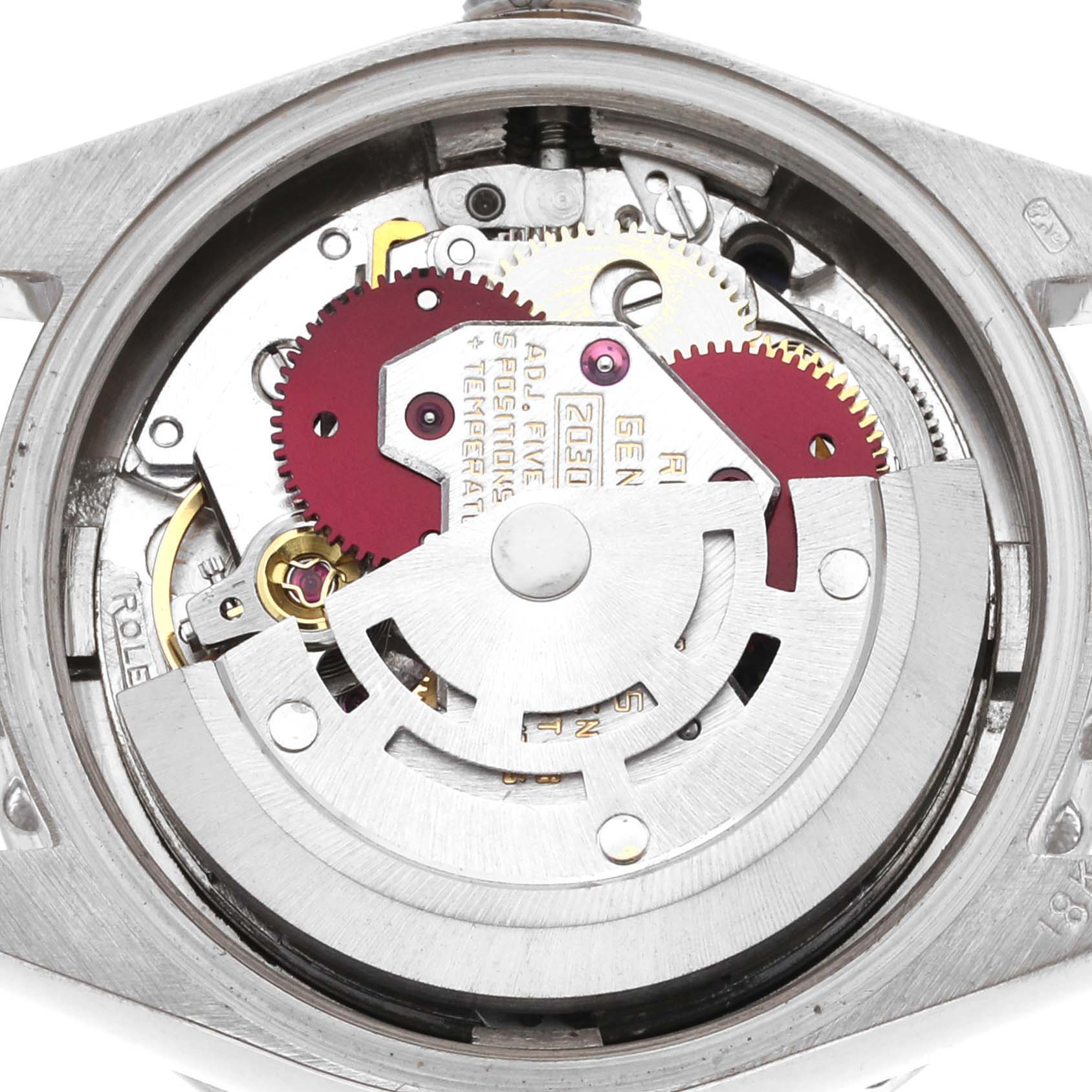 This image shows the inner mechanics of a Rolex President 6913 Women's White Gold Blue Dial 6913 Women's White Gold Blue Dial model watch from the back, highlighting the movement components.
