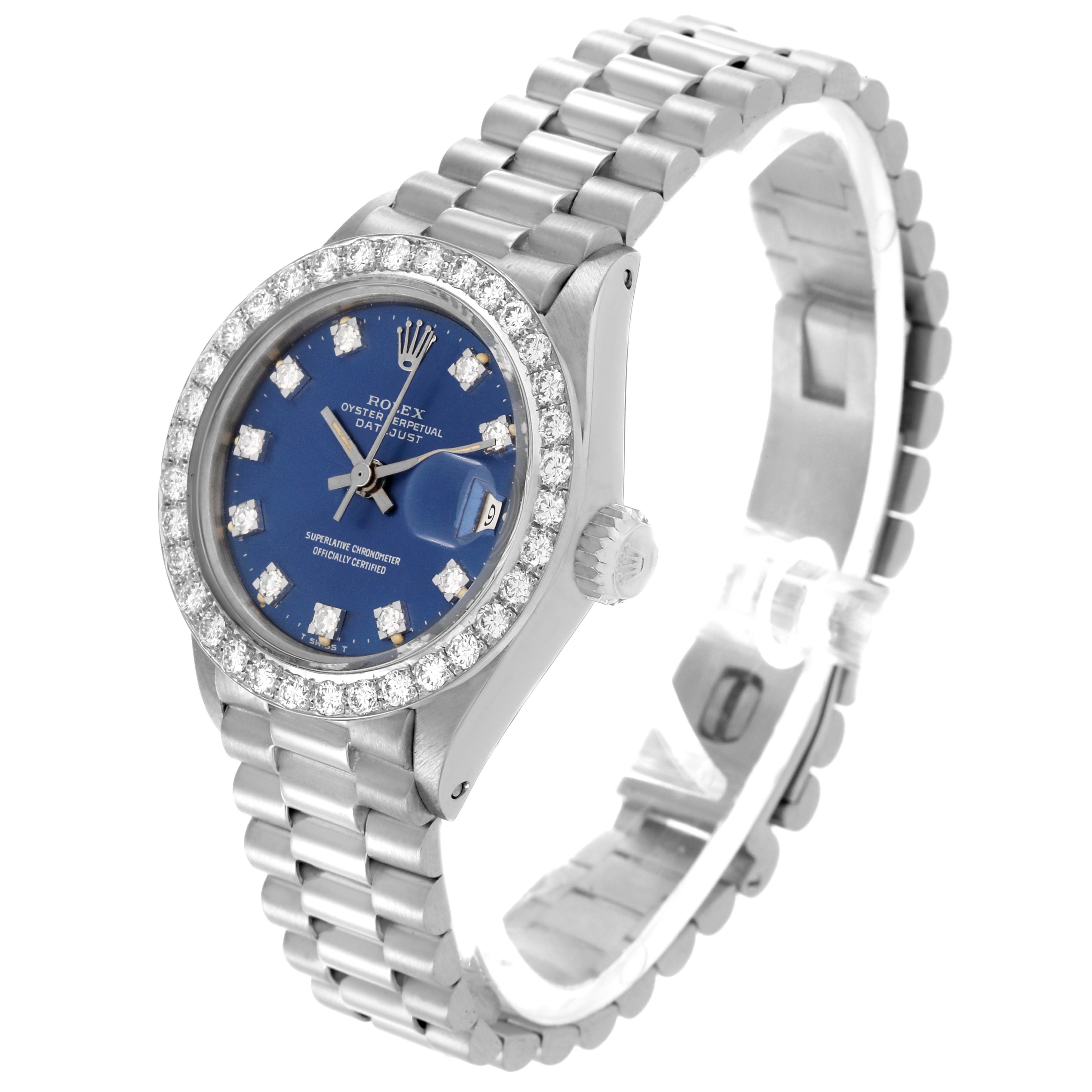 The Rolex President 6913 Women's White Gold Blue Dial 6913 Women's White Gold Blue Dial model watch is shown at a slight angle, displaying the face, bezel, and bracelet.