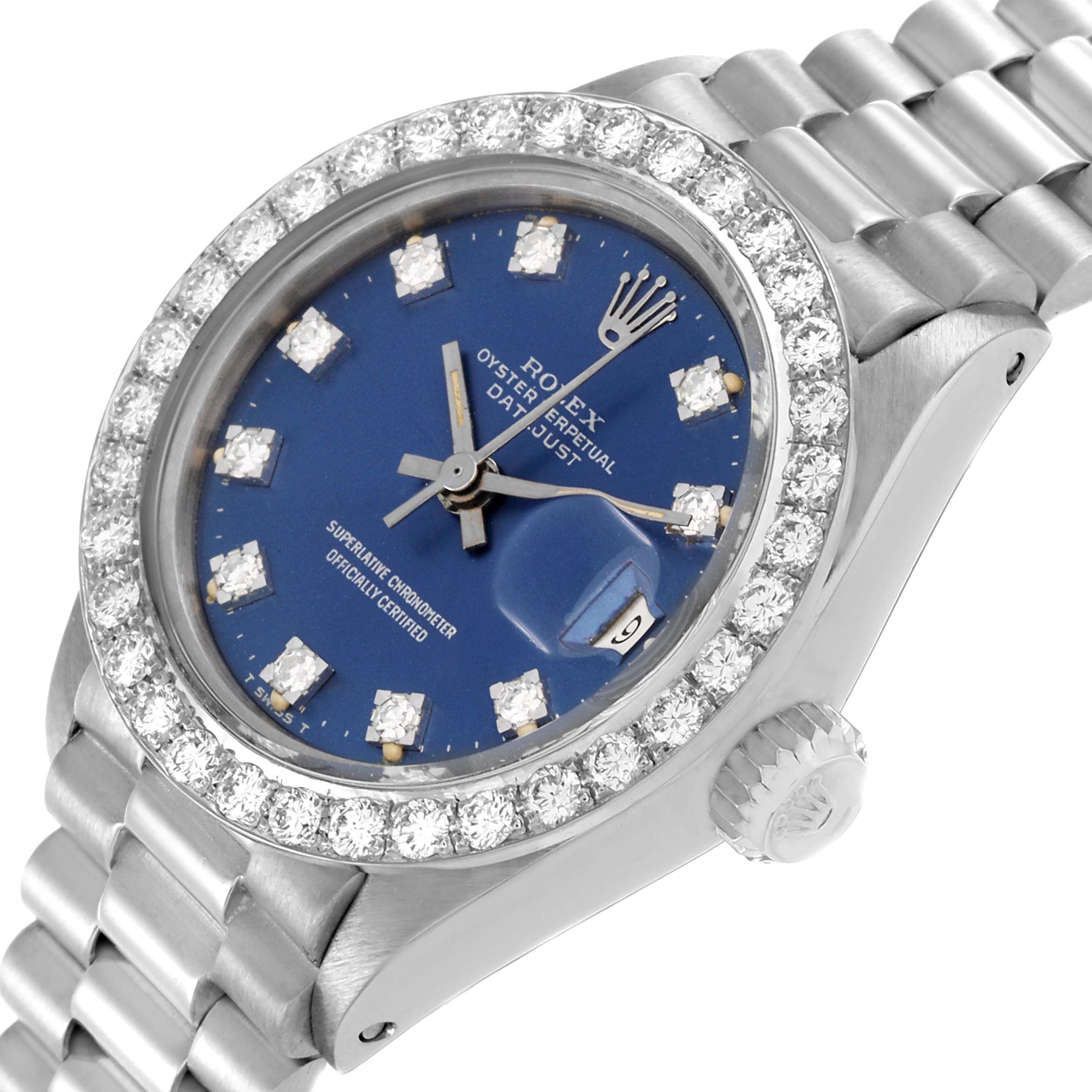 The Rolex President 6913 Women's White Gold Blue Dial 6913 Women's White Gold Blue Dial watch is shown at an angle highlighting the dial, bezel, crown, and part of the bracelet.