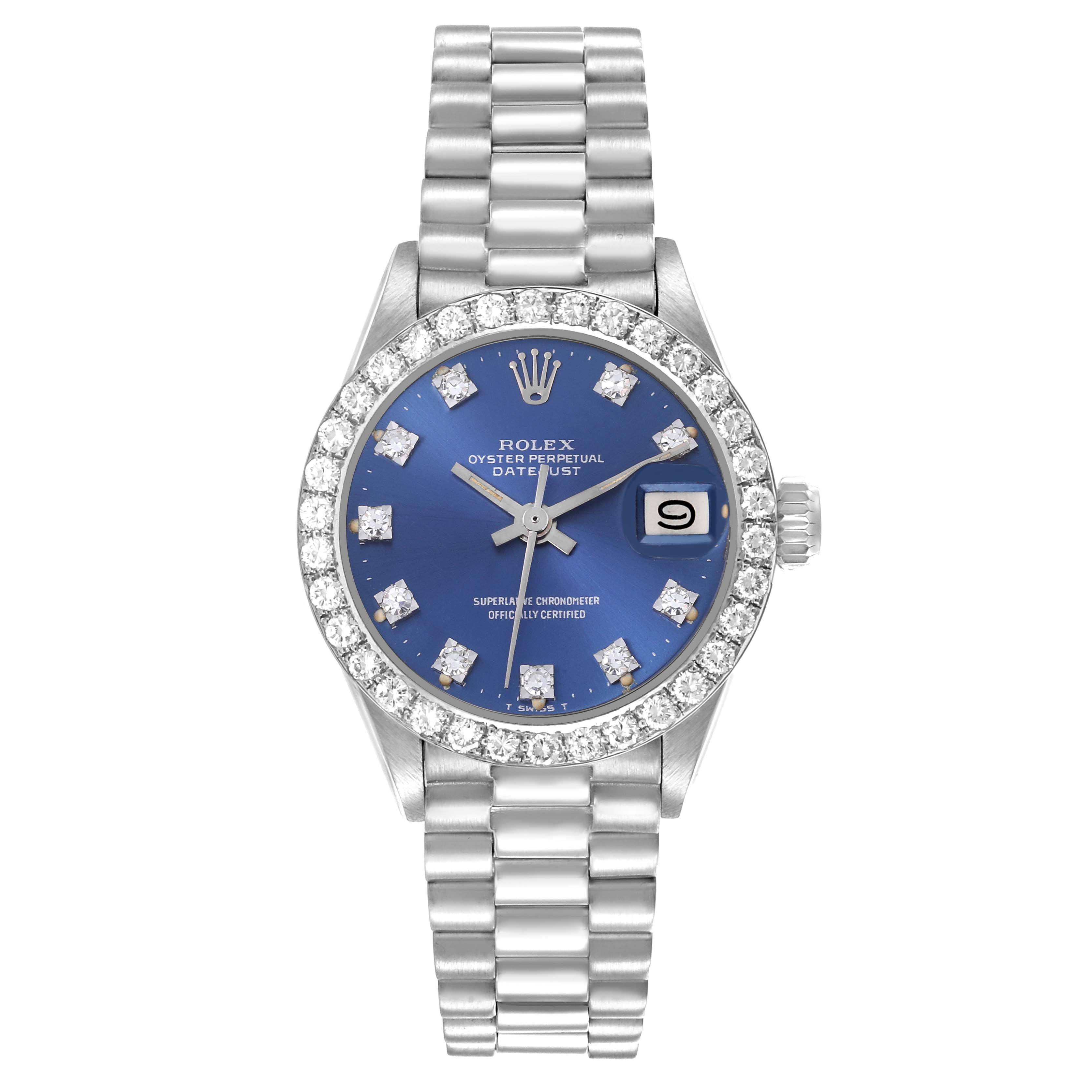 The Rolex President 6913 Women's White Gold Blue Dial 6913 Women's White Gold Blue Dial watch is shown from the front, displaying its dial, bezel, bracelet, and date window clearly.