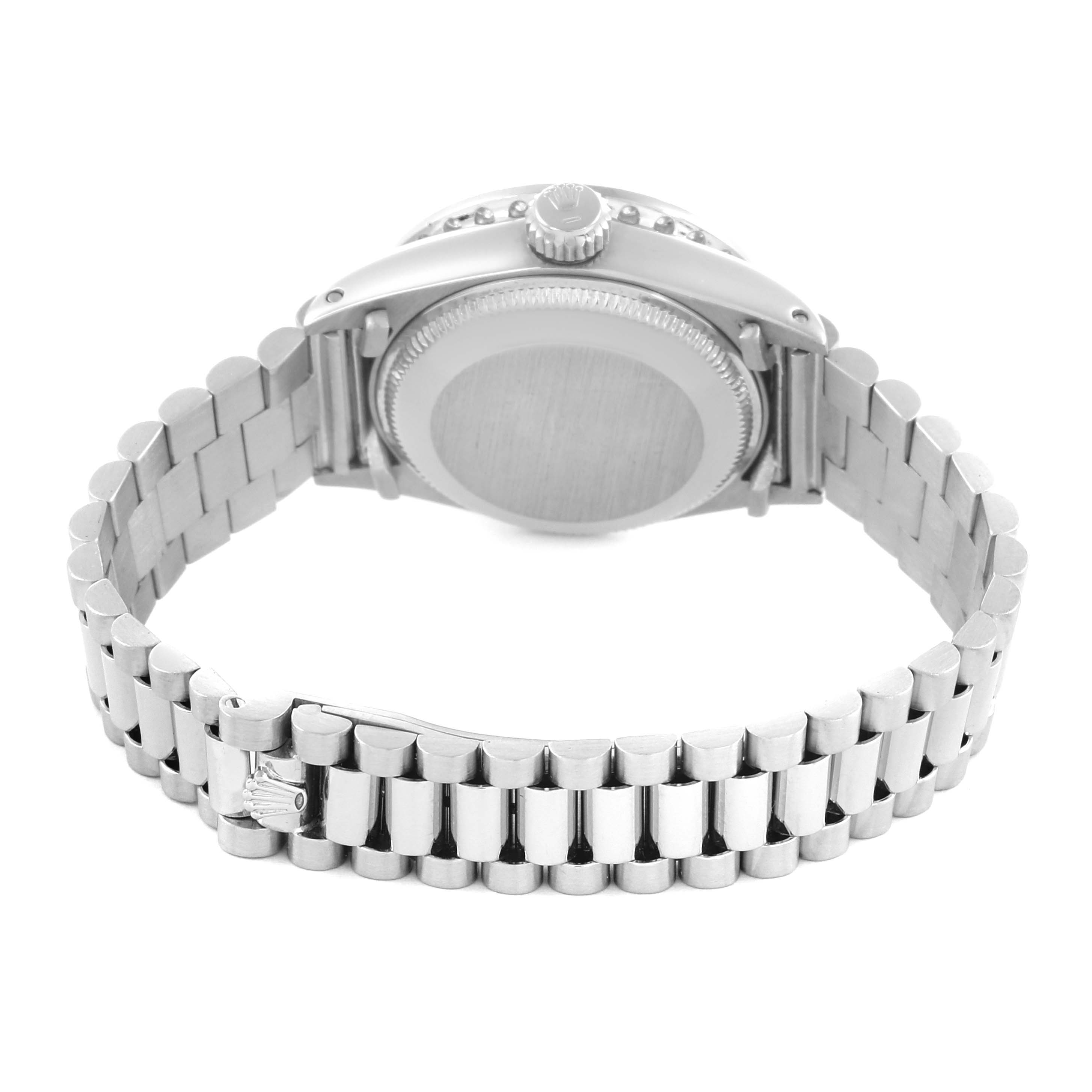 The image shows the back case and bracelet of a Rolex President 6913 Women's White Gold Blue Dial 6913 Women's White Gold Blue Dial watch from a rear angle.