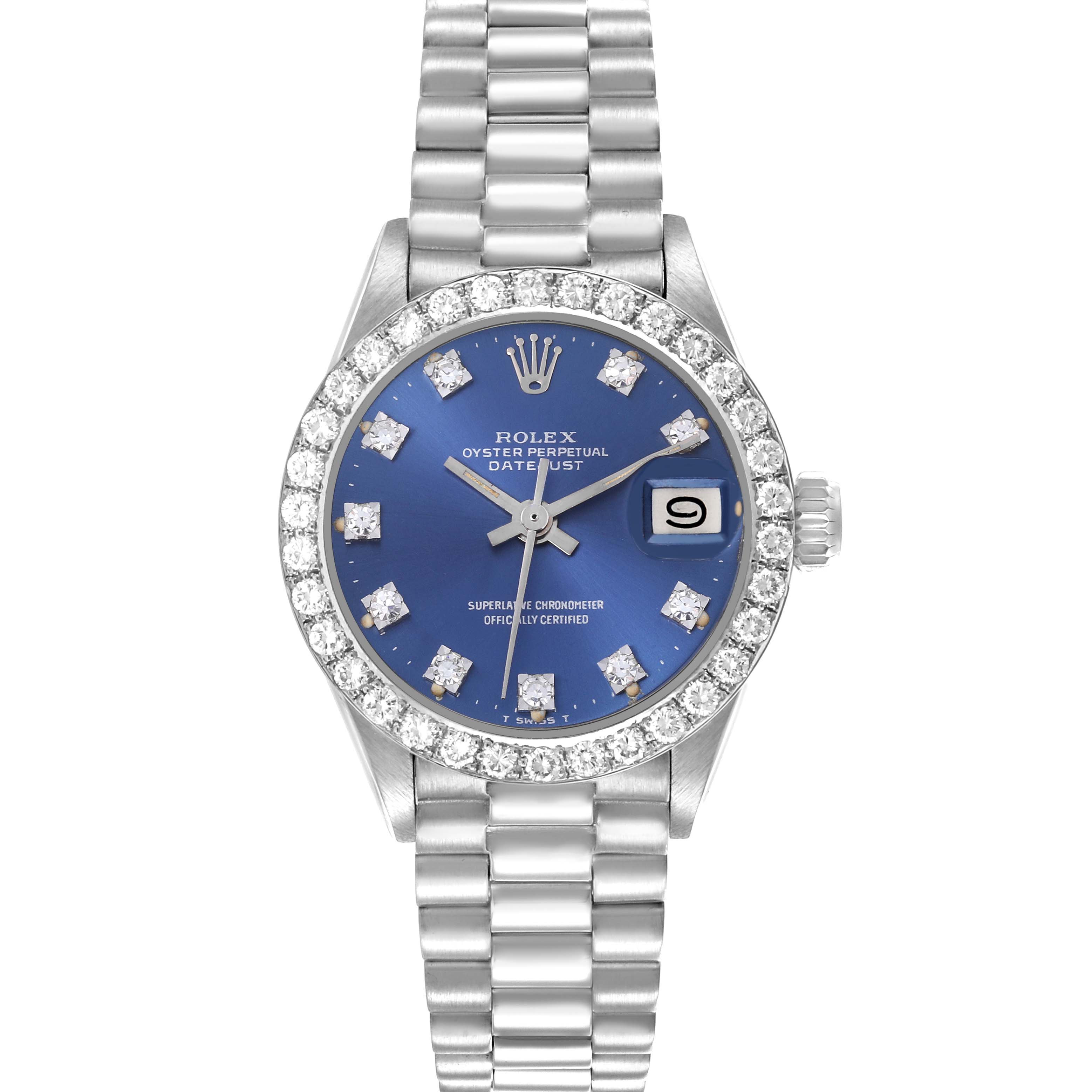 The Rolex President 6913 Women's White Gold Blue Dial 6913 Women's White Gold Blue Dial watch is shown from the front, highlighting the dial, bezel, and bracelet.