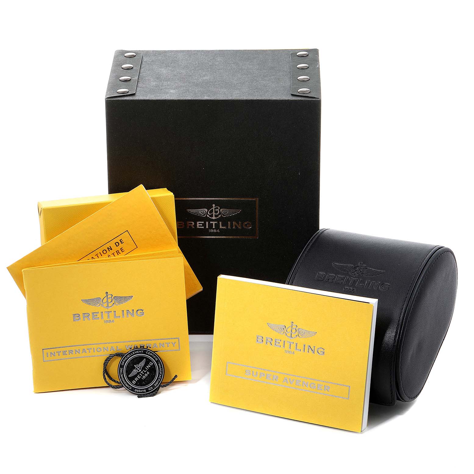 The image shows the packaging and accessories for the Breitling Avenger A13370 Men
s Stainless Steel Black Dial A13370 Men
s Stainless Steel Black Dial watch, including a box, manuals, warranty cards, and a travel case.