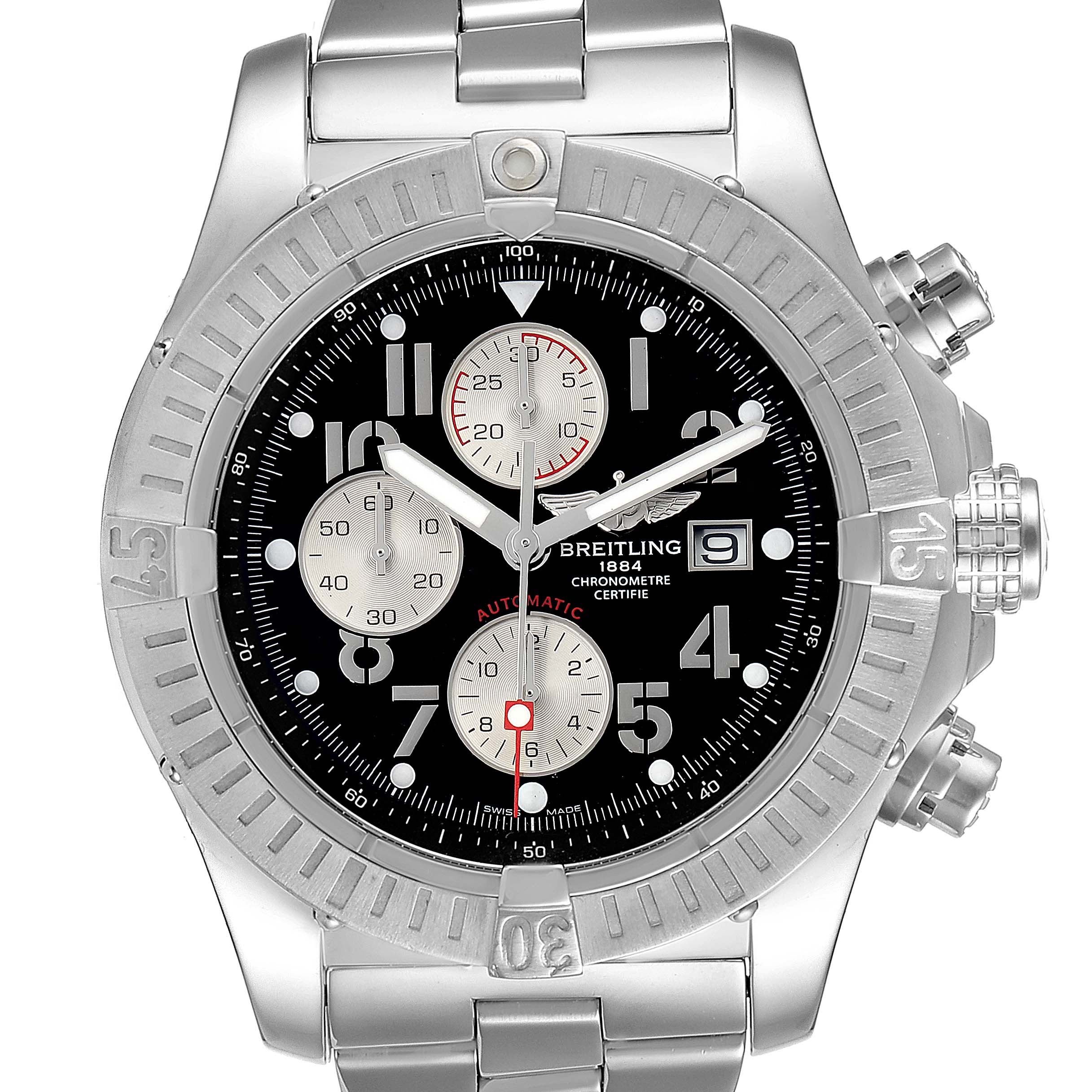 The image shows a front view of the Breitling Avenger A13370 Men
s Stainless Steel Black Dial A13370 Men
s Stainless Steel Black Dial watch, highlighting its bezel, dial, and chronograph subdials.