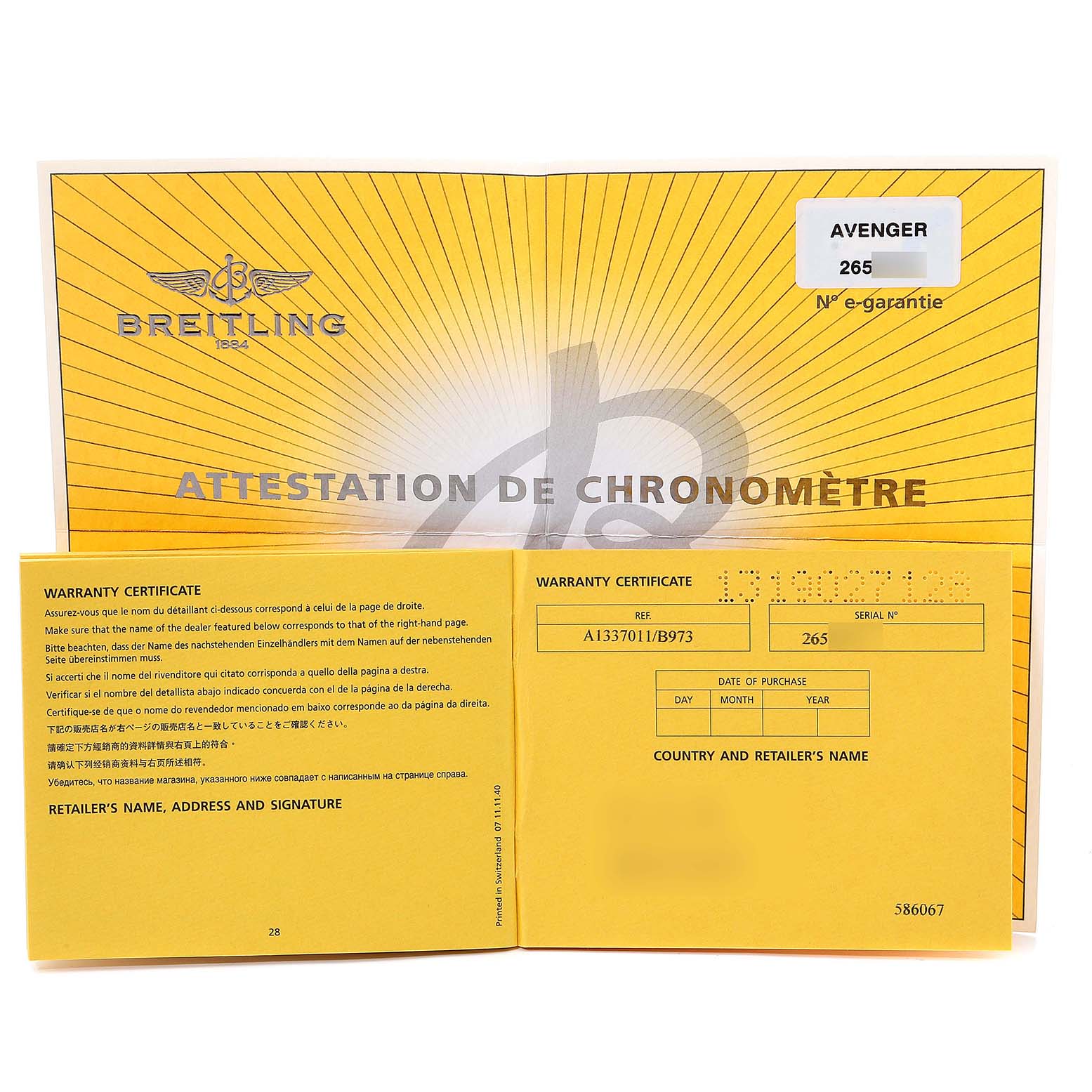 This image showcases the warranty certificate and chronometer attestation for the Breitling Avenger A13370 Men
s Stainless Steel Black Dial A13370 Men
s Stainless Steel Black Dial model.