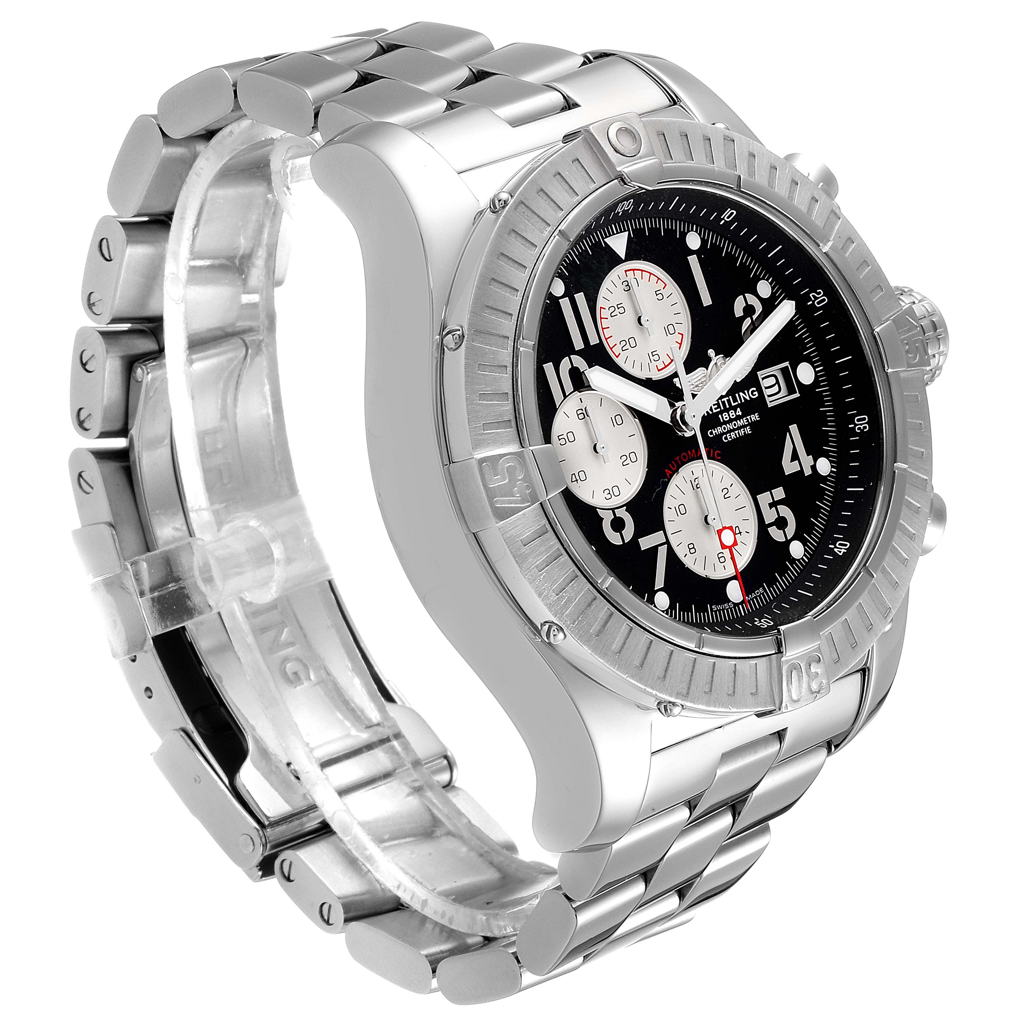 The image shows a side and front angle of a Breitling Avenger A13370 Men
s Stainless Steel Black Dial A13370 Men
s Stainless Steel Black Dial watch, highlighting its bezel, dial, and metal bracelet.