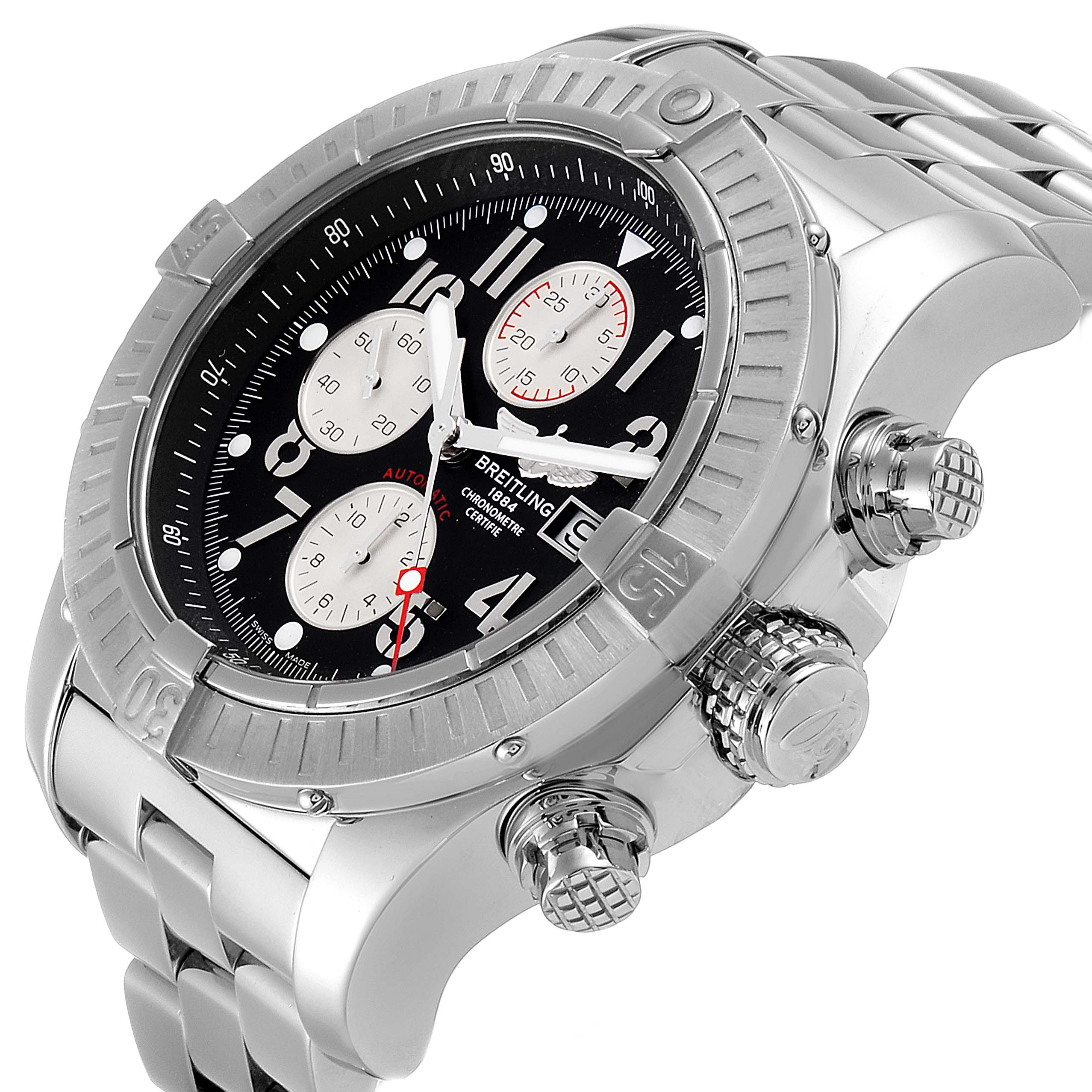 This image shows a close-up angle of the Breitling Avenger A13370 Men
s Stainless Steel Black Dial A13370 Men
s Stainless Steel Black Dial watch, highlighting its bezel, crown, chronograph subdials, and bracelet.