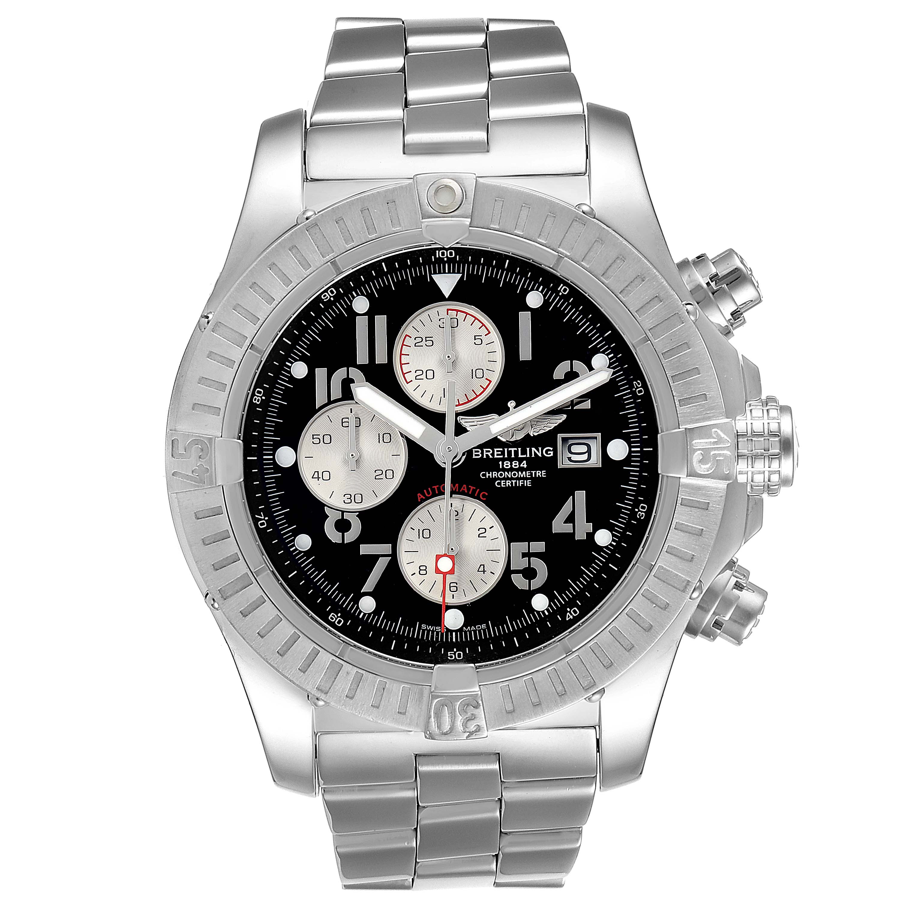 The image shows a front view of a Breitling Avenger A13370 Men
s Stainless Steel Black Dial A13370 Men
s Stainless Steel Black Dial watch, highlighting its face, bezel, and stainless steel bracelet.